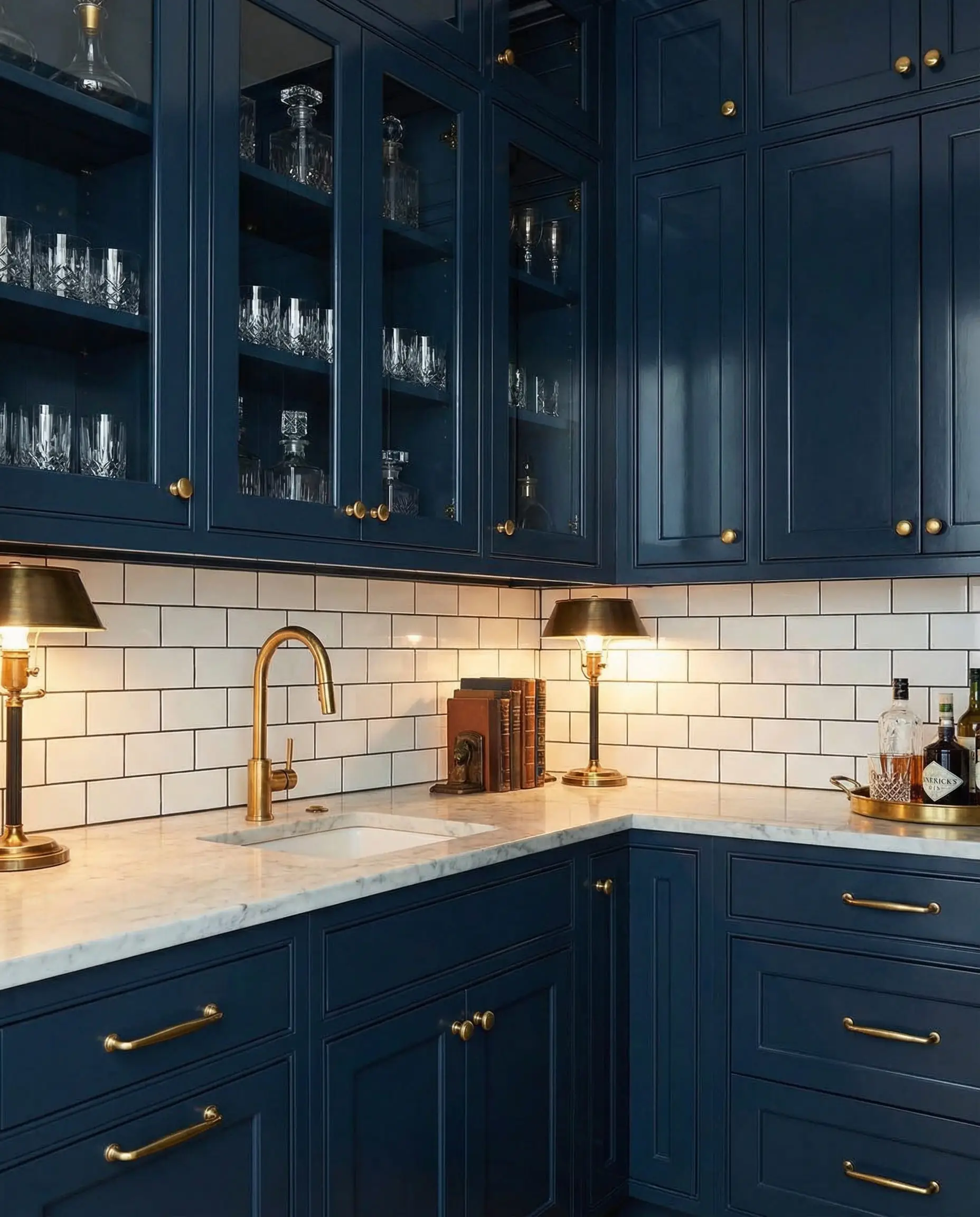 High gloss butler's pantry cabinetry painted in Benjamin Moore Hale Navy HC-154 with brass hardware.