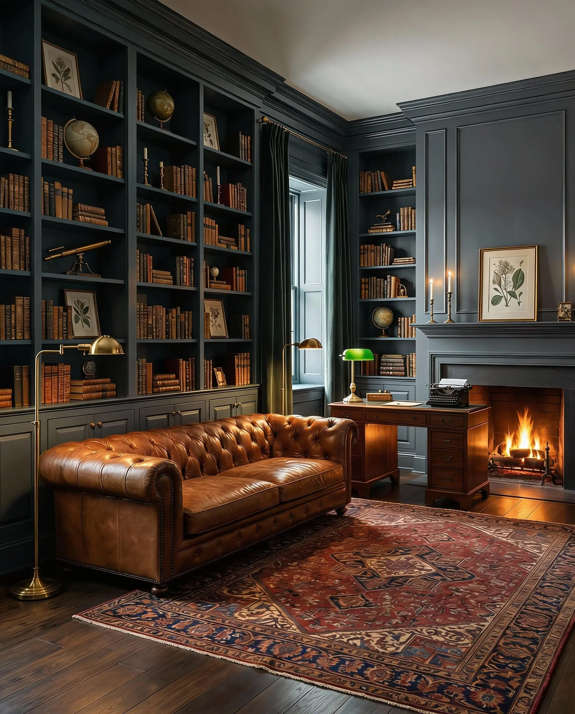 Dark academia style library with walls and shelves painted in Benjamin Moore Narragansett Green HC-157.