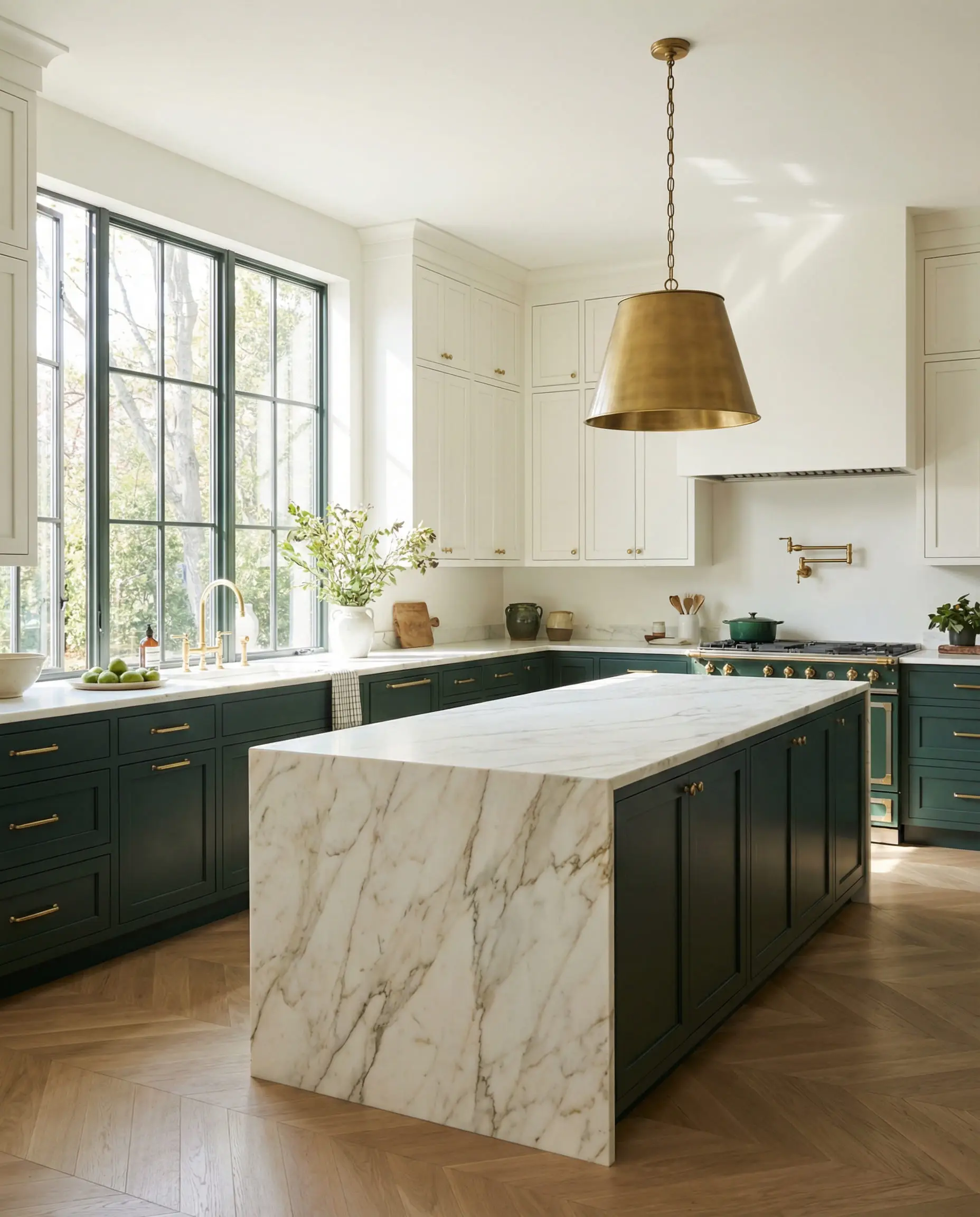 Tuxedo kitchen featuring Benjamin Moore Narragansett Green HC-157 lower cabinets and Swiss Coffee OC-45 uppers.