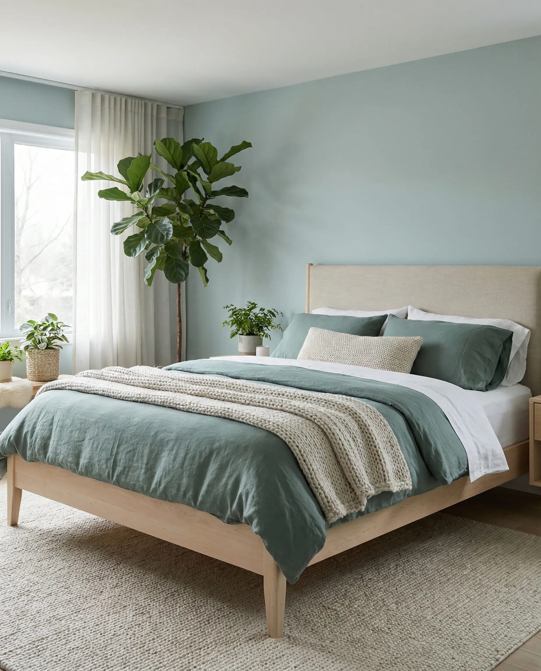 Serene bedroom walls painted in Benjamin Moore Raindance 1572 with natural wood accents.