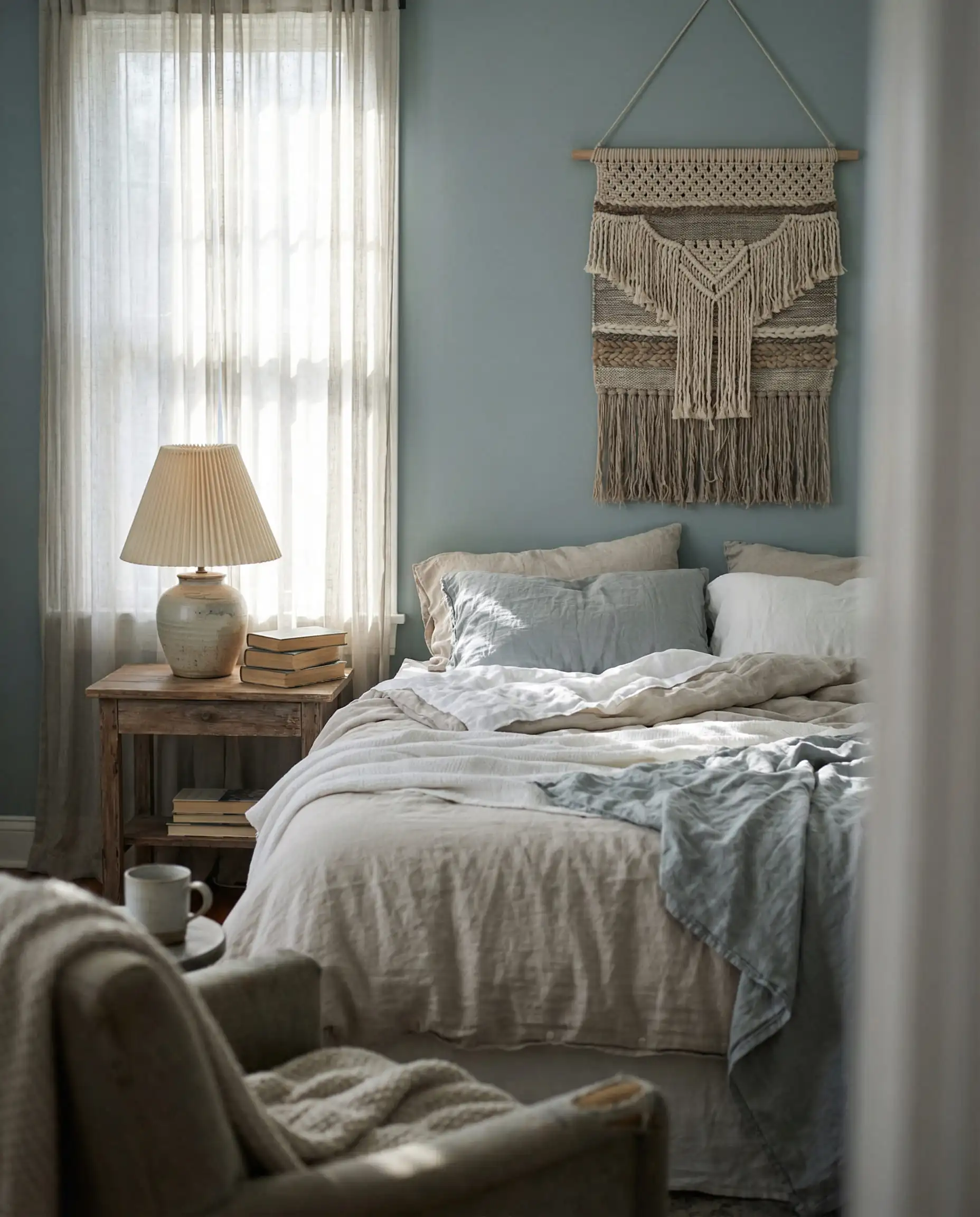 Peaceful bedroom featuring Benjamin Moore Raindance 1572 walls and crushed linen bedding.