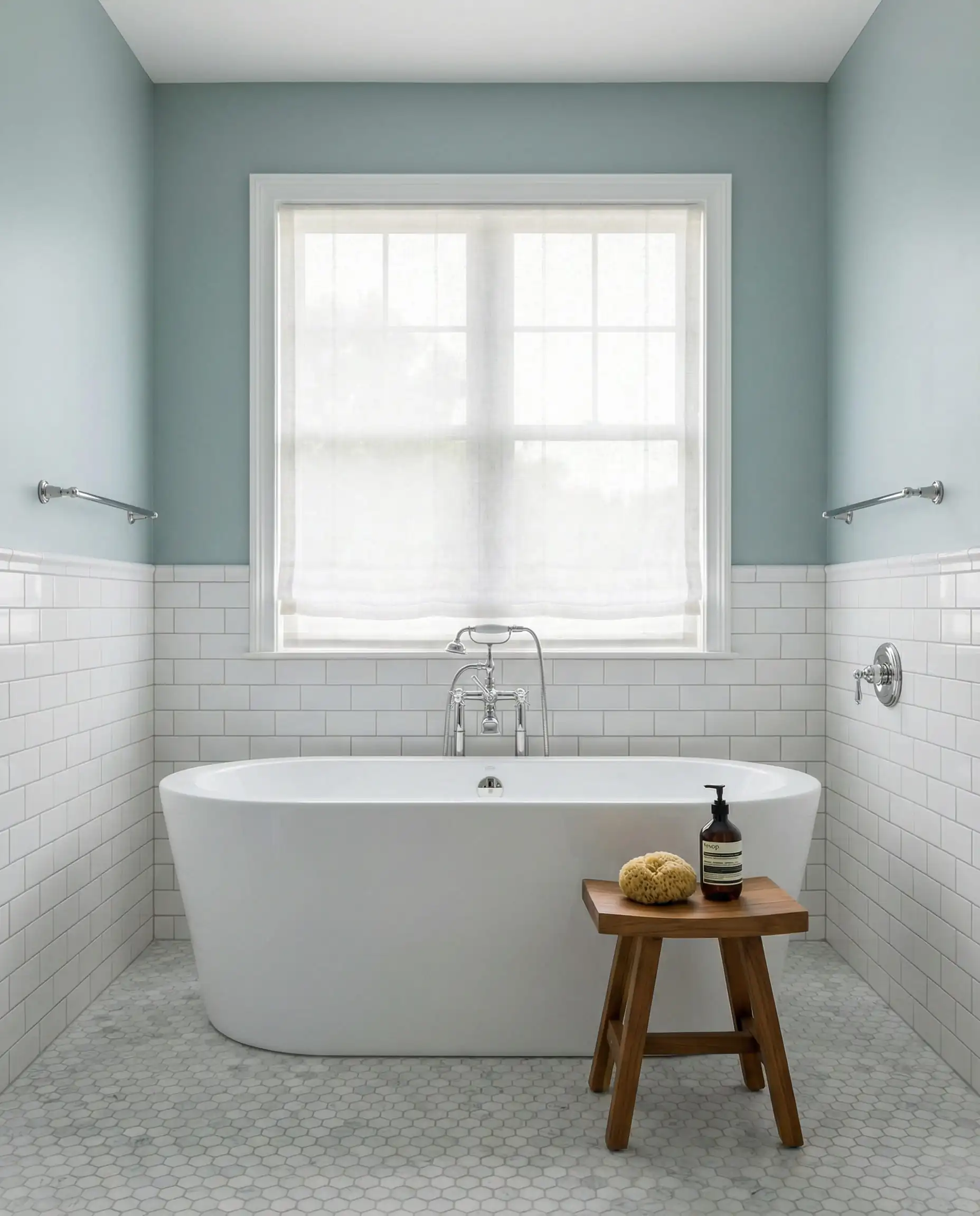 Spa-inspired bathroom with walls painted in Benjamin Moore Raindance 1572, a misty blue-green.