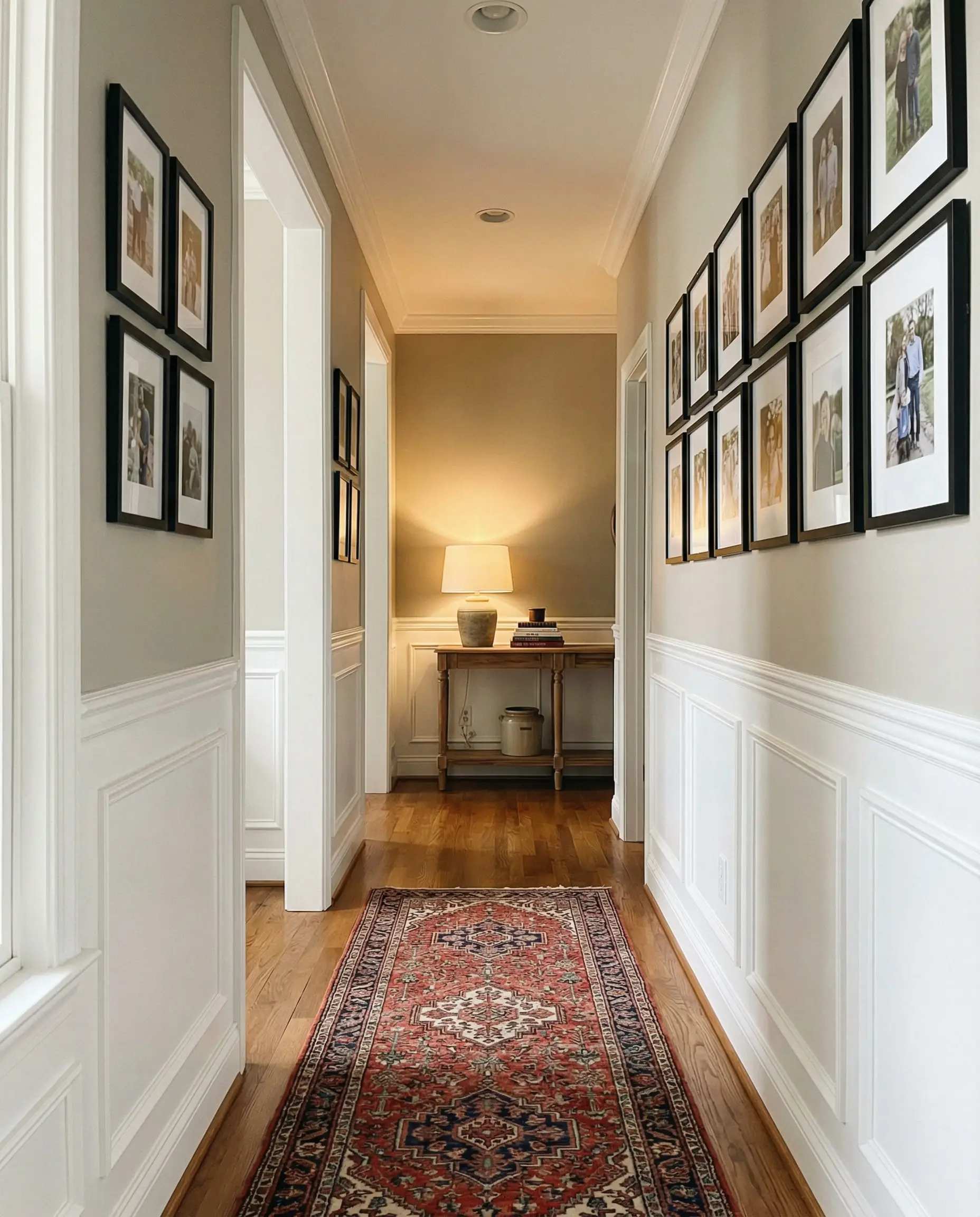 Transitional hallway with Benjamin Moore Revere Pewter HC-172 upper walls and white wainscoting.