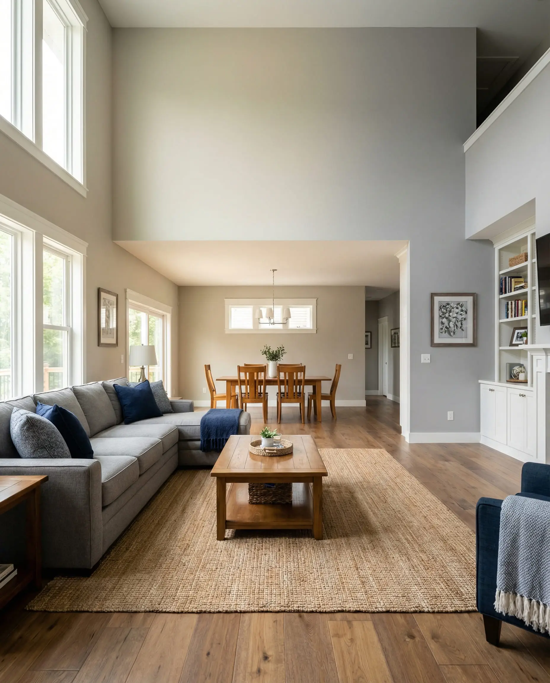 Open concept living room painted in Benjamin Moore Revere Pewter HC-172 bridging gray and beige decor.