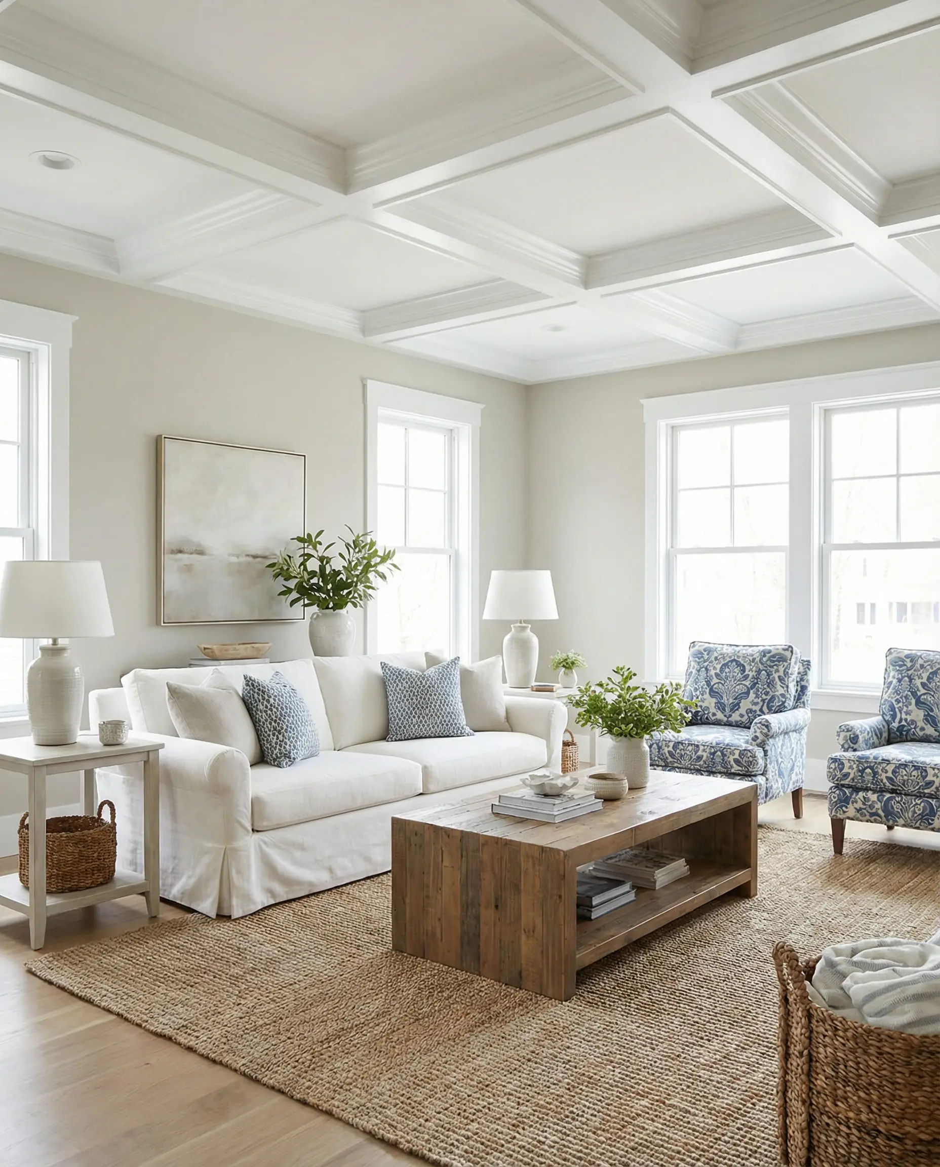 Bright transitional living room with walls painted in Benjamin Moore Revere Pewter HC-172.