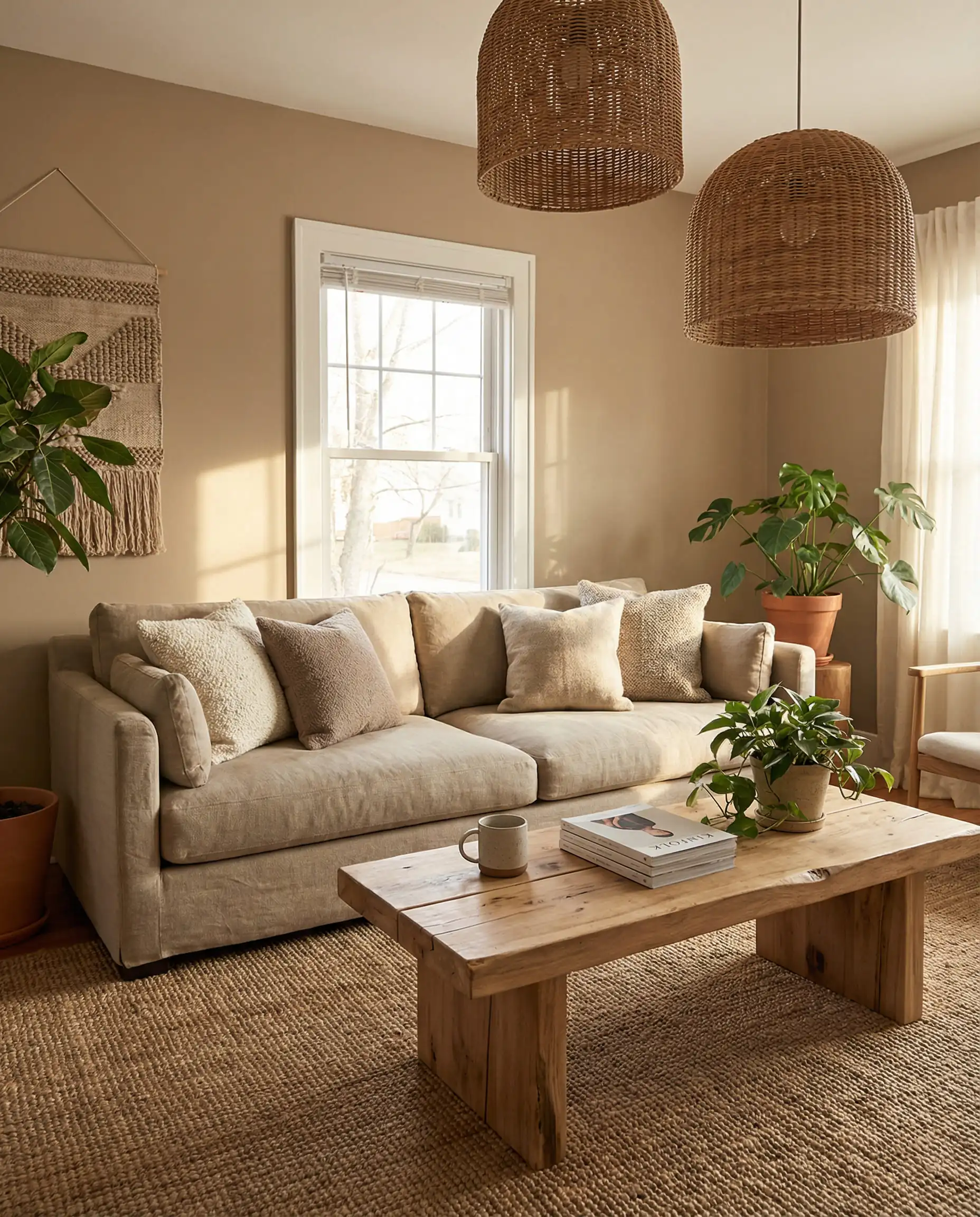 Living room with natural materials and walls painted in Benjamin Moore Sherwood Tan 1054.