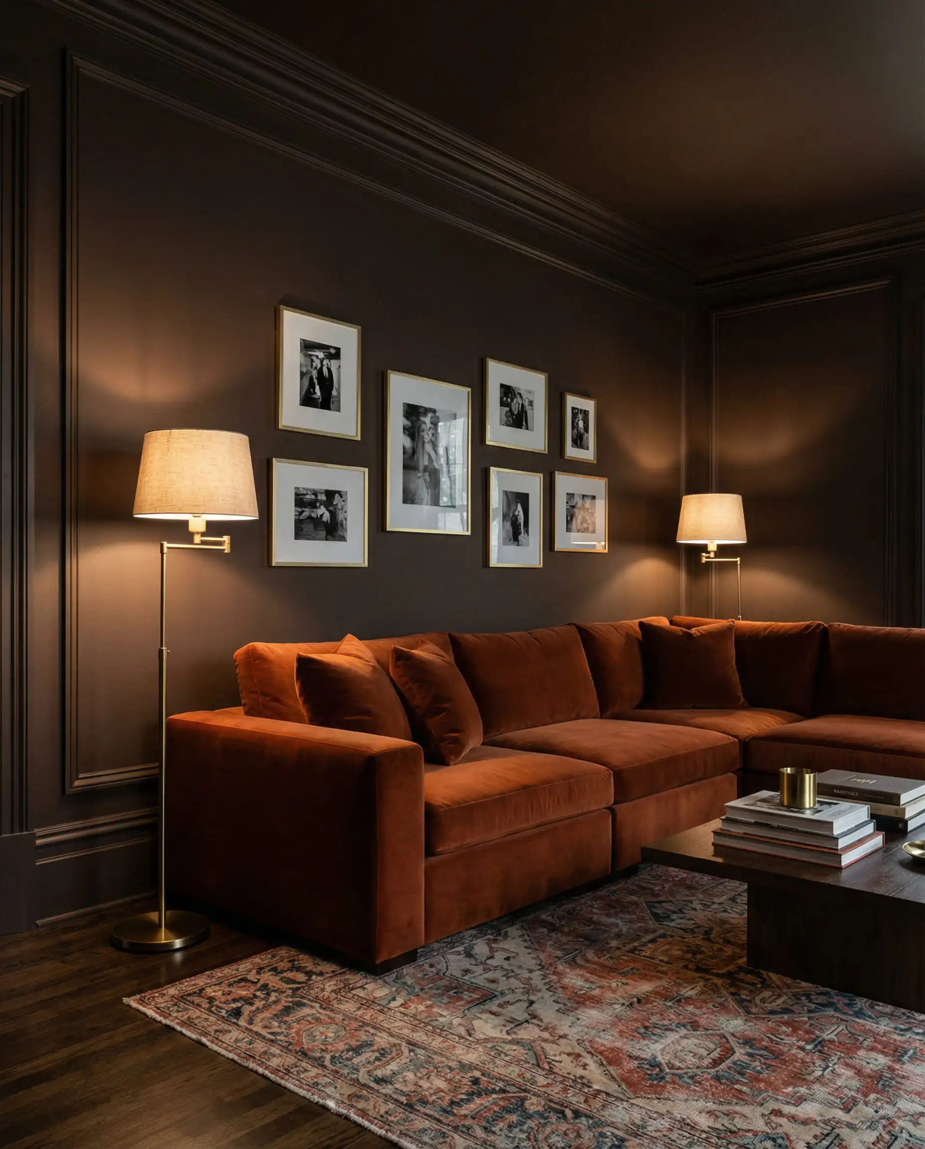 Moody living room demonstrating color drenching with Benjamin Moore Silhouette AF-655 on walls and ceiling, paired with a rust velvet sofa.