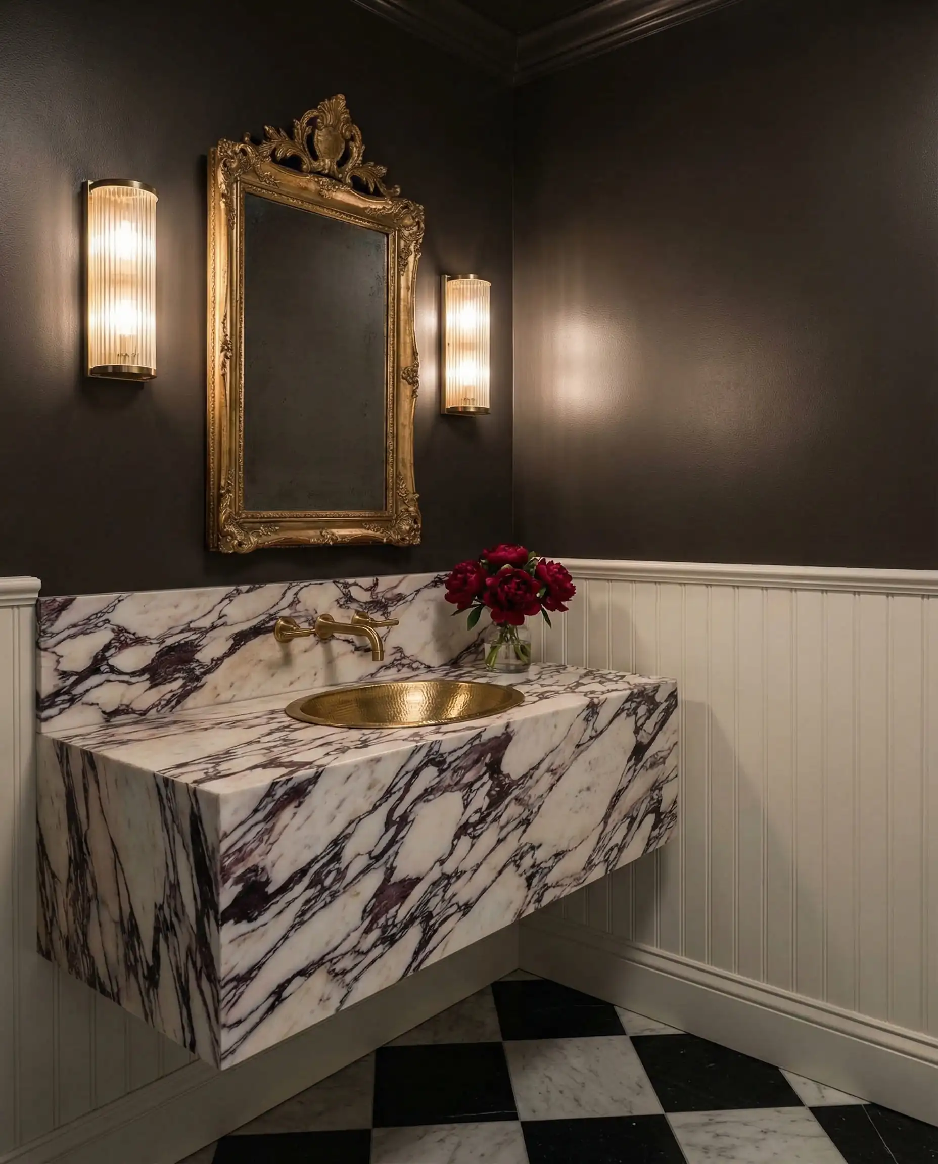 Small jewel-box powder room painted in Benjamin Moore Silhouette AF-655 with unlacquered brass sconces and marble vanity.
