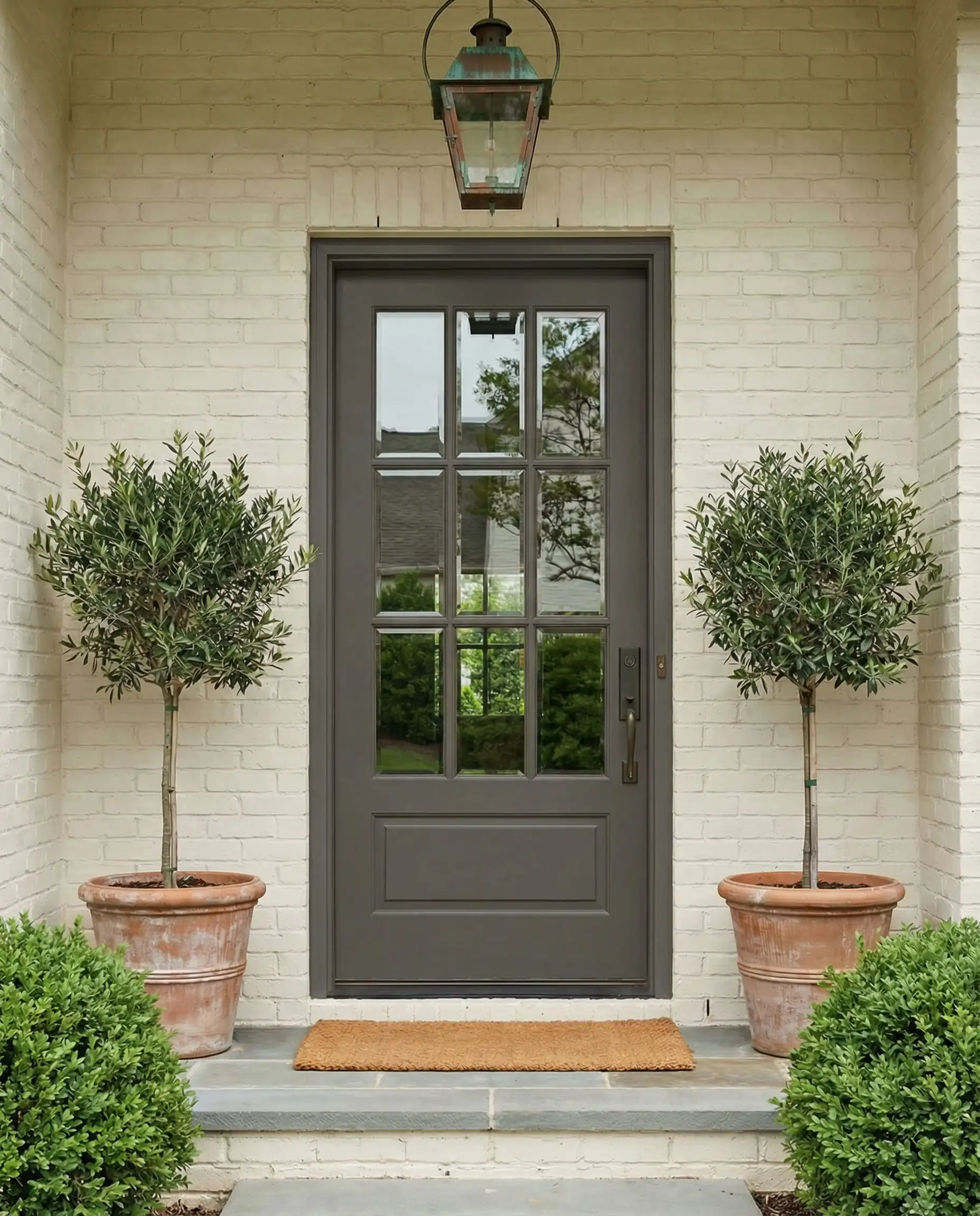 High gloss front door painted in Benjamin Moore Silhouette AF-655 against limewashed brick exterior.