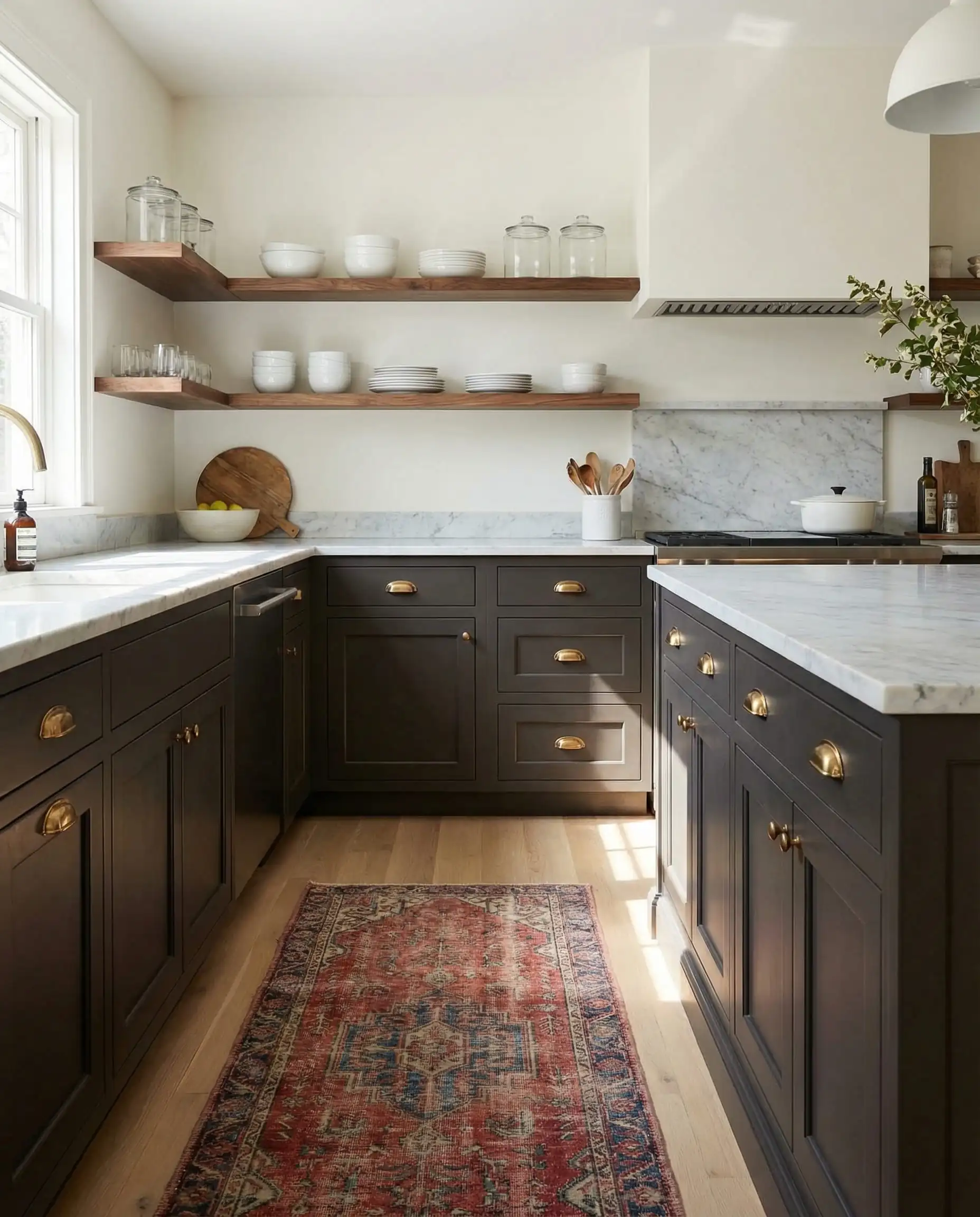 Modern kitchen featuring lower cabinets and island painted in Benjamin Moore Silhouette AF-655 paired with Swiss Coffee upper walls.