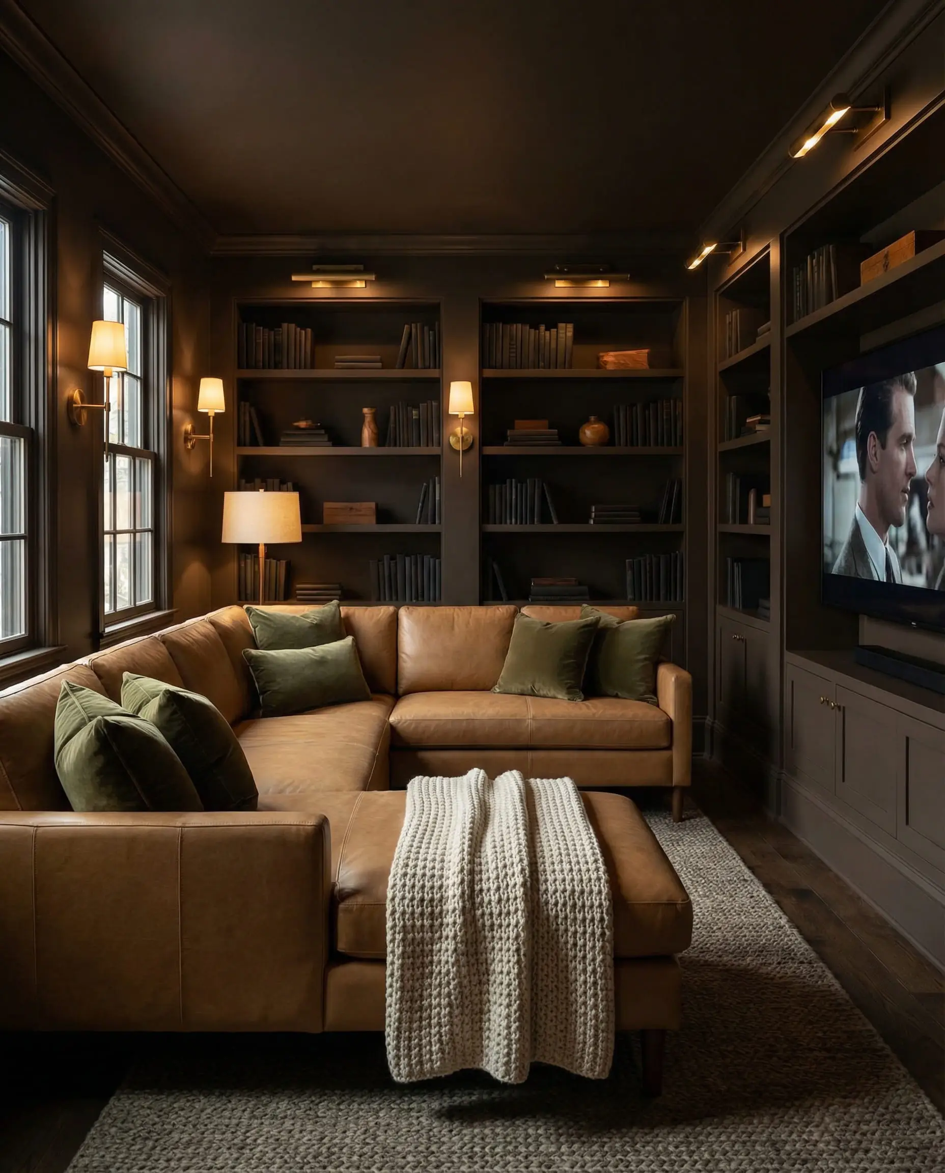 Cozy living room with color-drenched walls in Benjamin Moore Silhouette AF-655 and leather furniture.