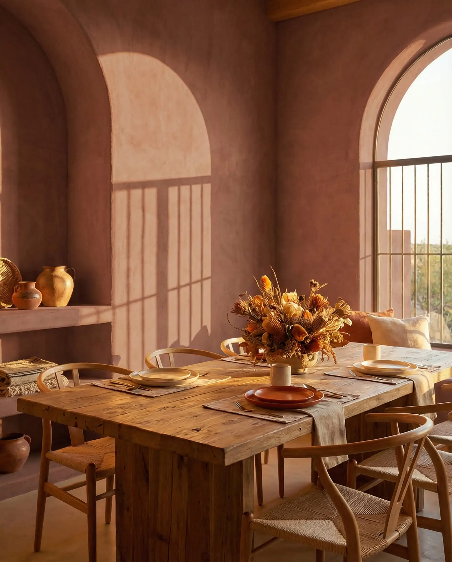 Sun-drenched dining room with textured walls painted in Benjamin Moore Southwest Pottery 048.