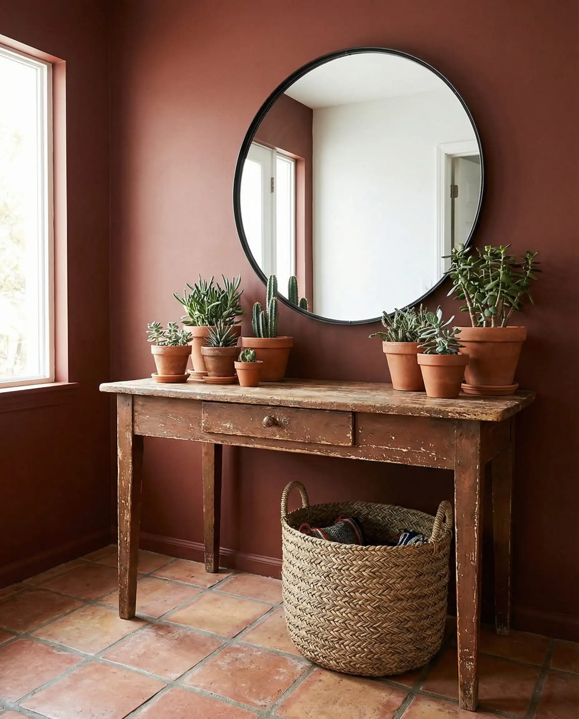 Welcoming entryway featuring Benjamin Moore Southwest Pottery 048 paint and vintage console table.