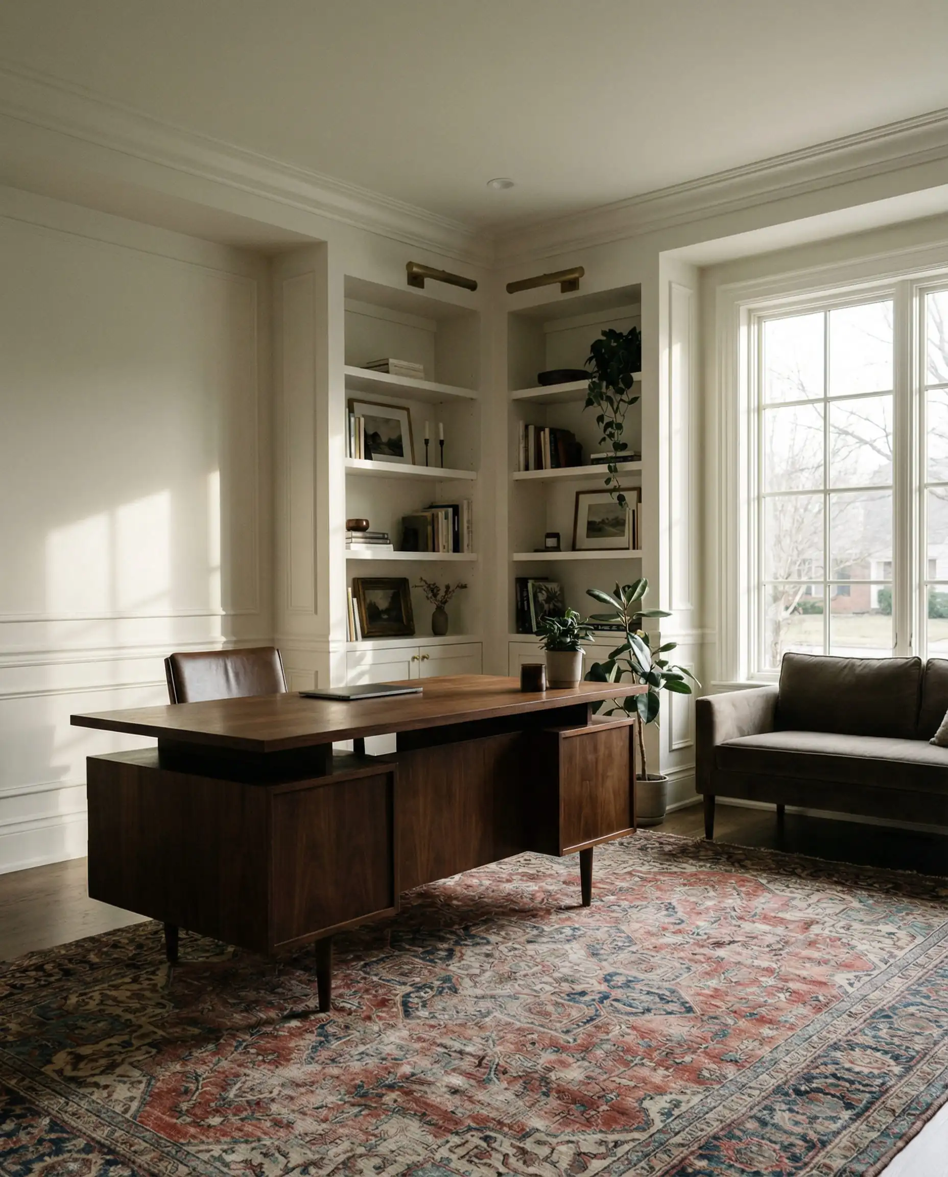 Moody home office with walls, ceiling, and trim all painted in Benjamin Moore Swiss Coffee.