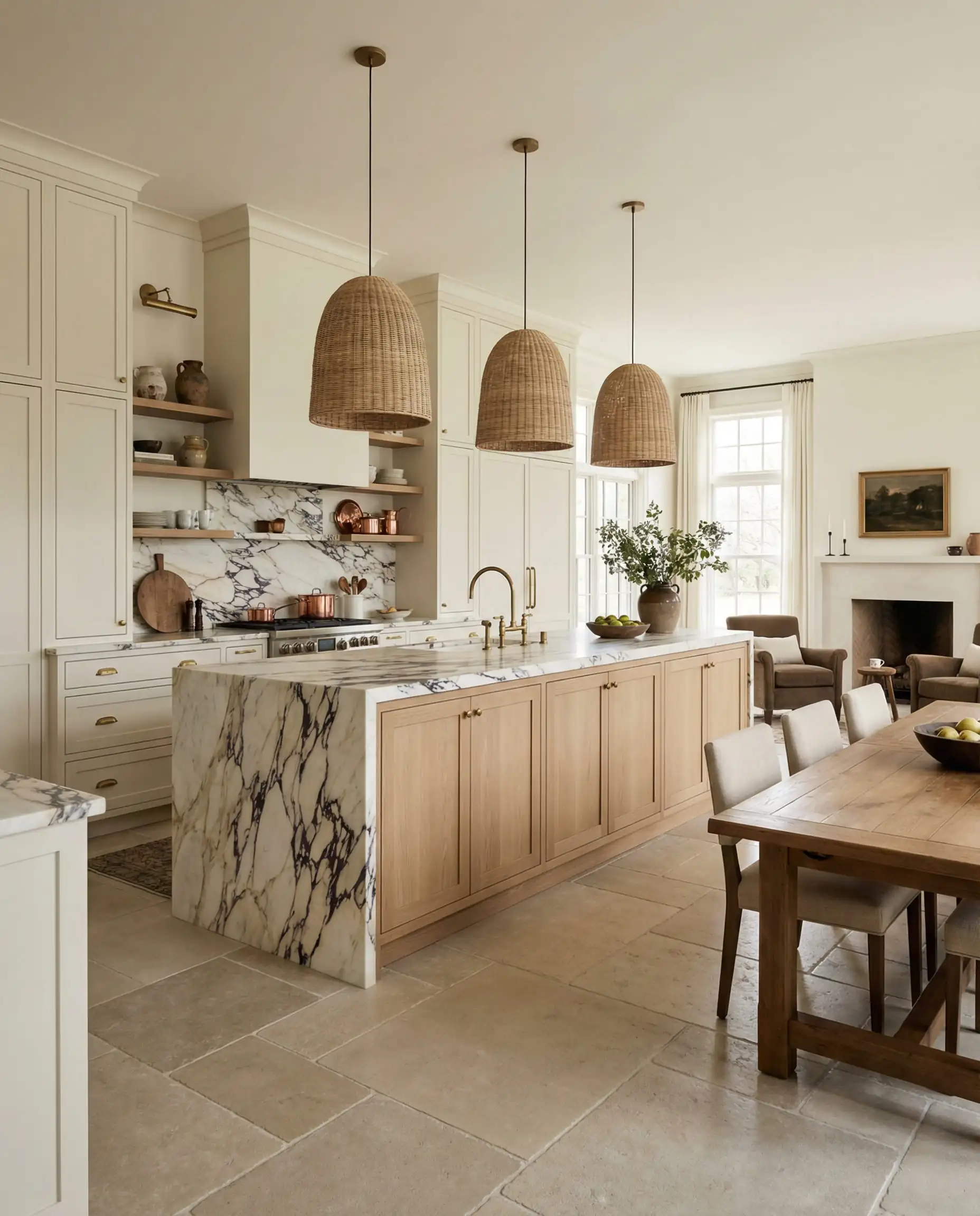 Wide shot of a 2026 trend kitchen with cabinets painted in Benjamin Moore Swiss Coffee.