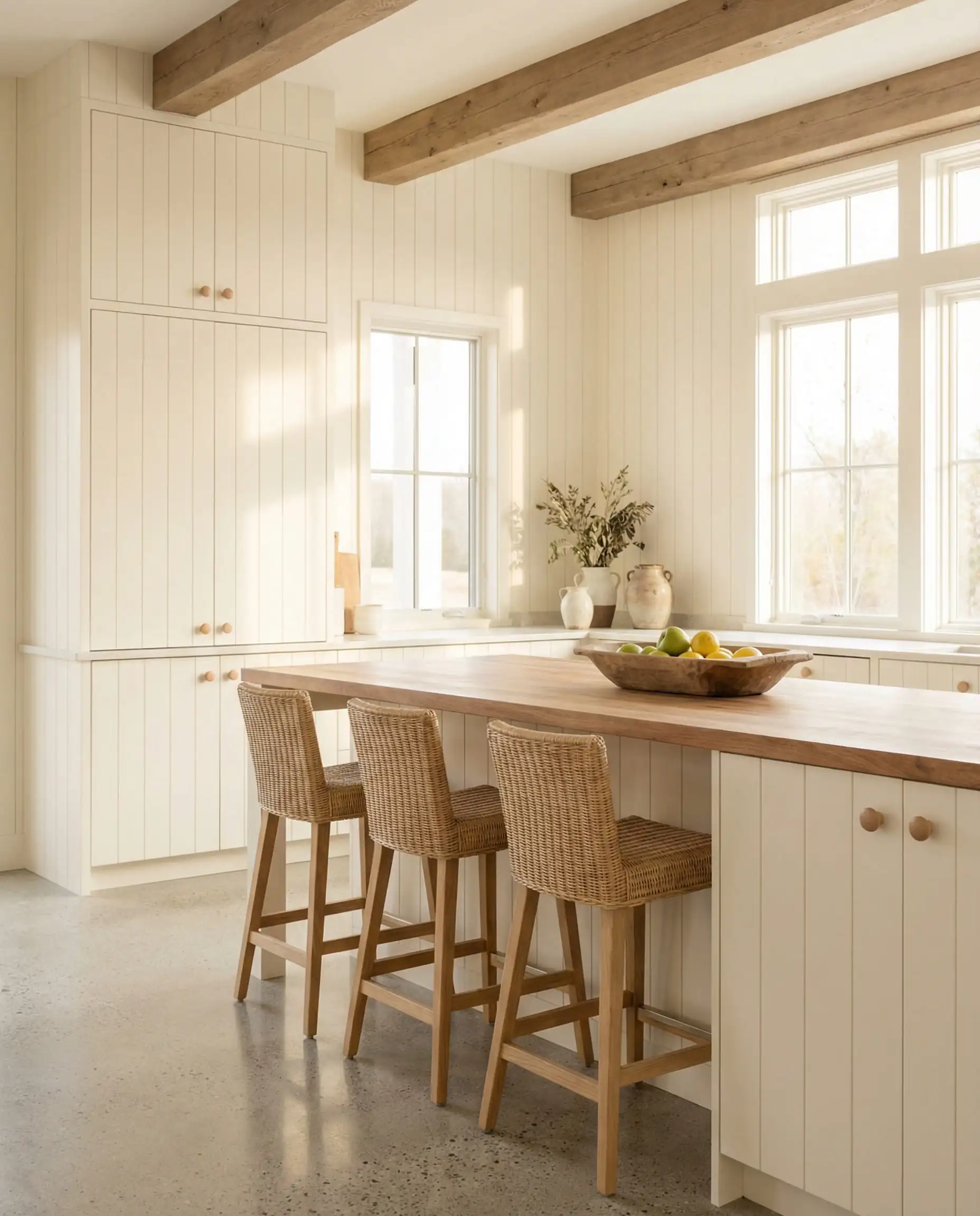 Organic modern kitchen with shaker cabinets and shiplap painted in creamy Benjamin Moore Swiss Coffee OC-45.