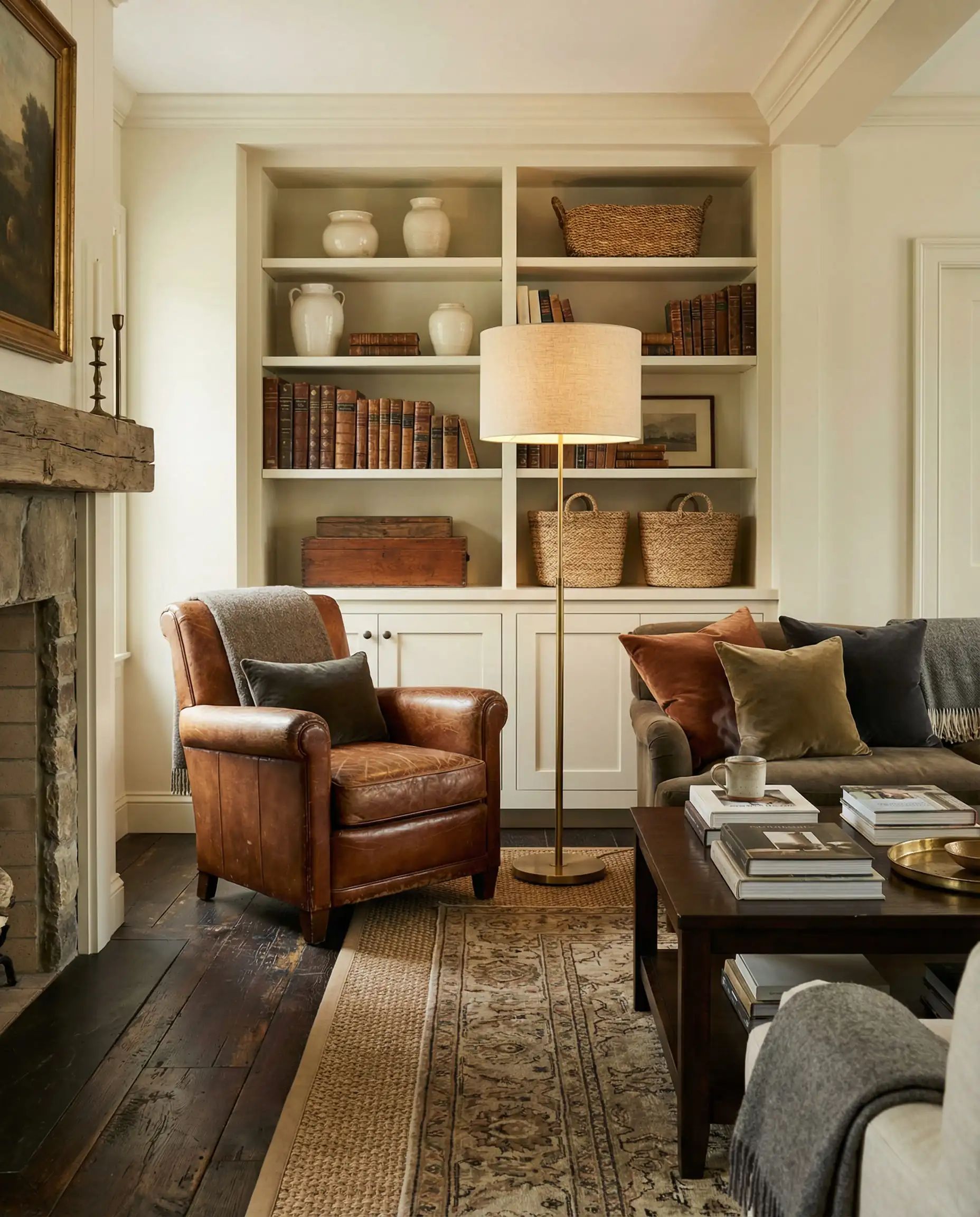 Cozy living room featuring Benjamin Moore Swiss Coffee walls contrasting with dark espresso wood floors.