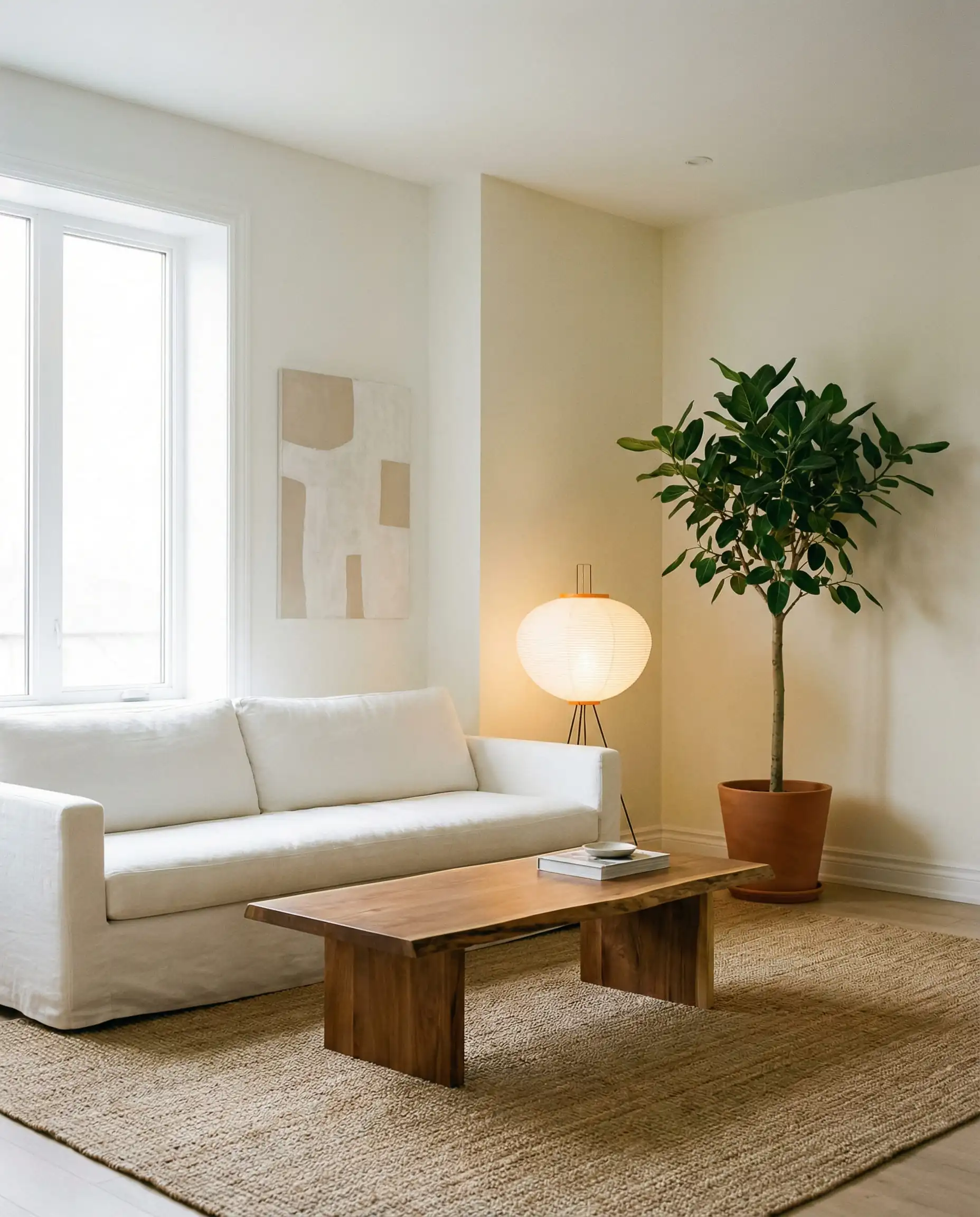 Japandi style living room with Benjamin Moore Swiss Coffee OC-45 walls and linen furniture.