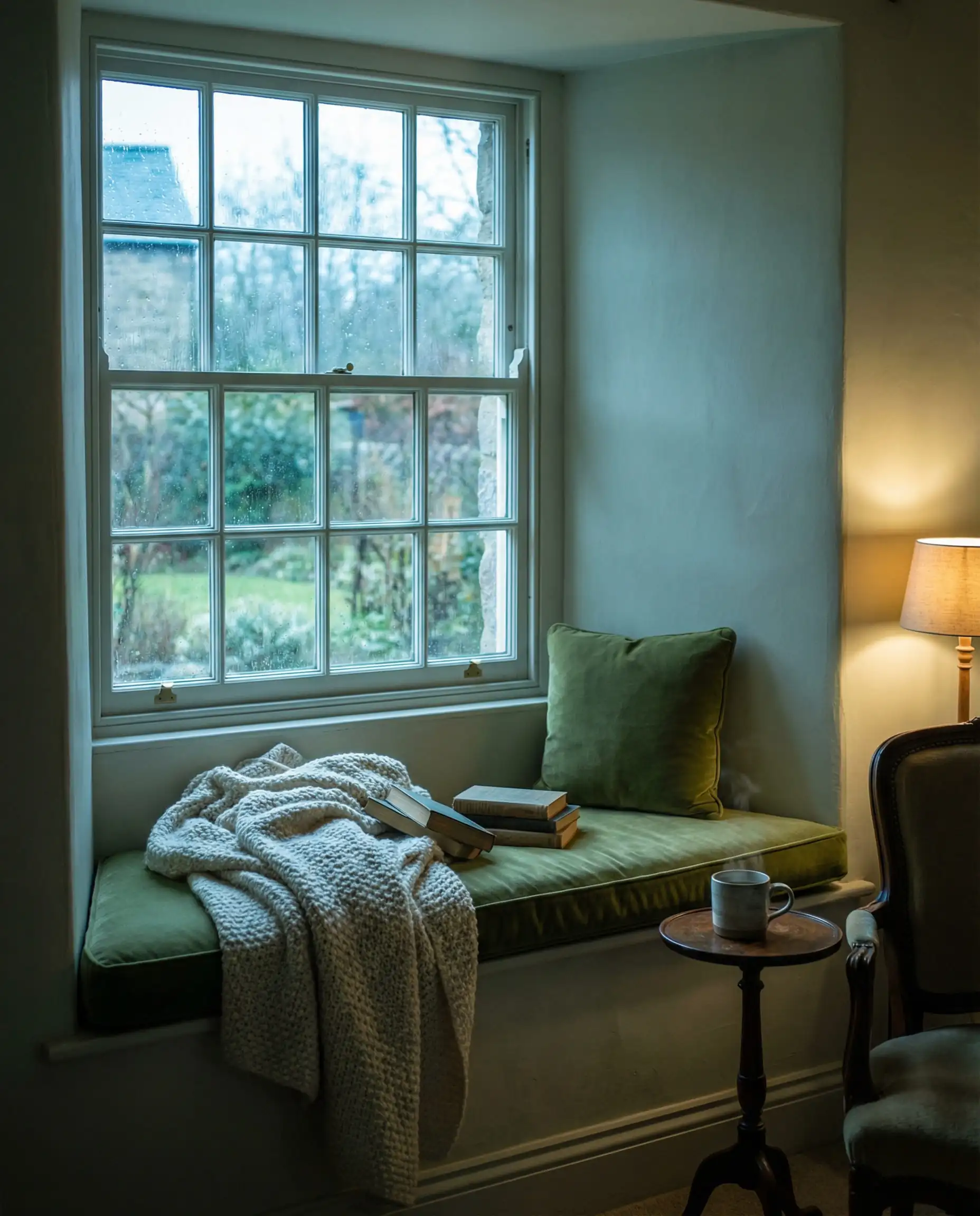 Cozy reading nook in a North-facing room where Benjamin Moore Swiss Coffee reads as a rich, deep ivory.