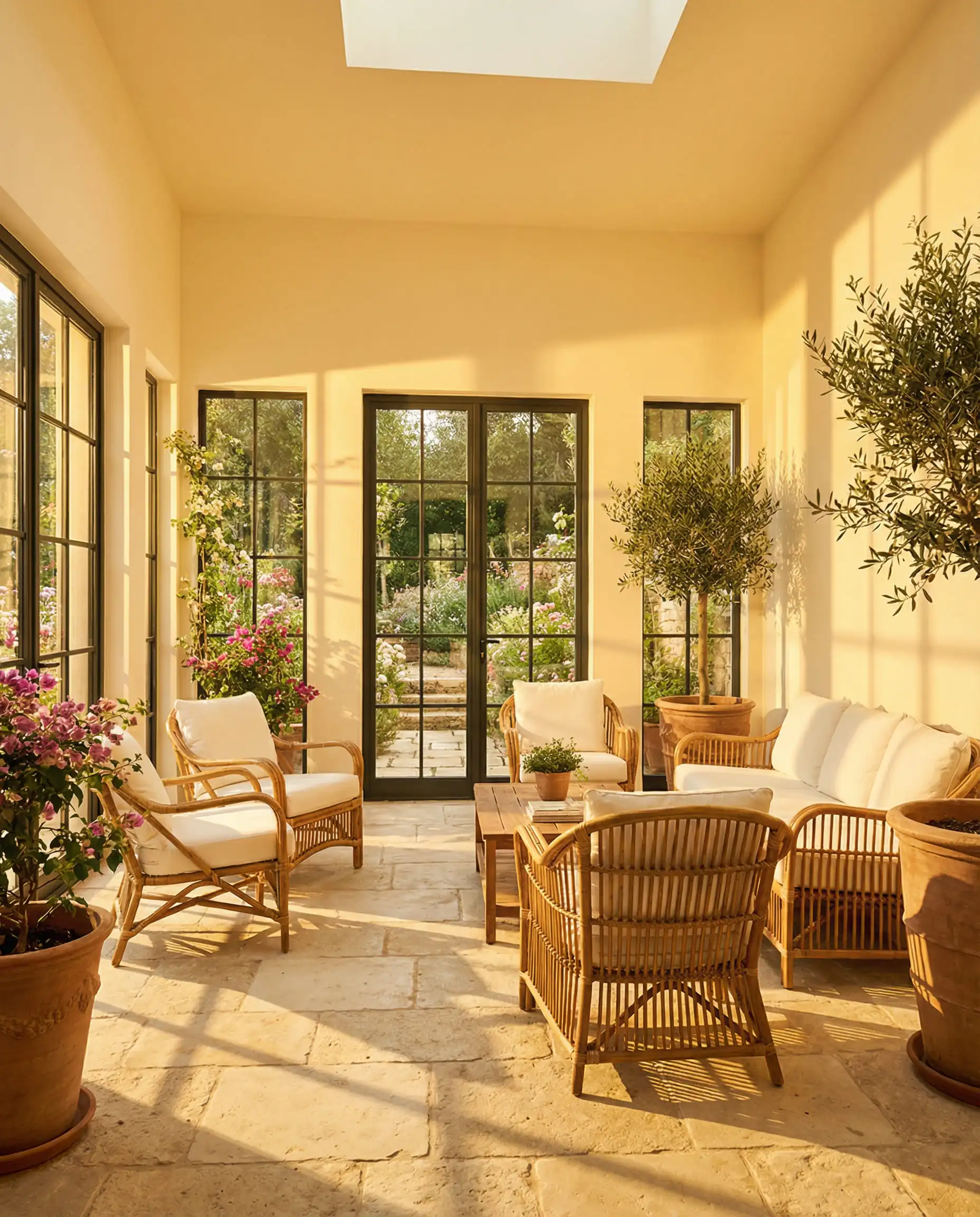 Sun-drenched sunroom painted in Benjamin Moore Swiss Coffee glowing with a warm yellow-golden hue.