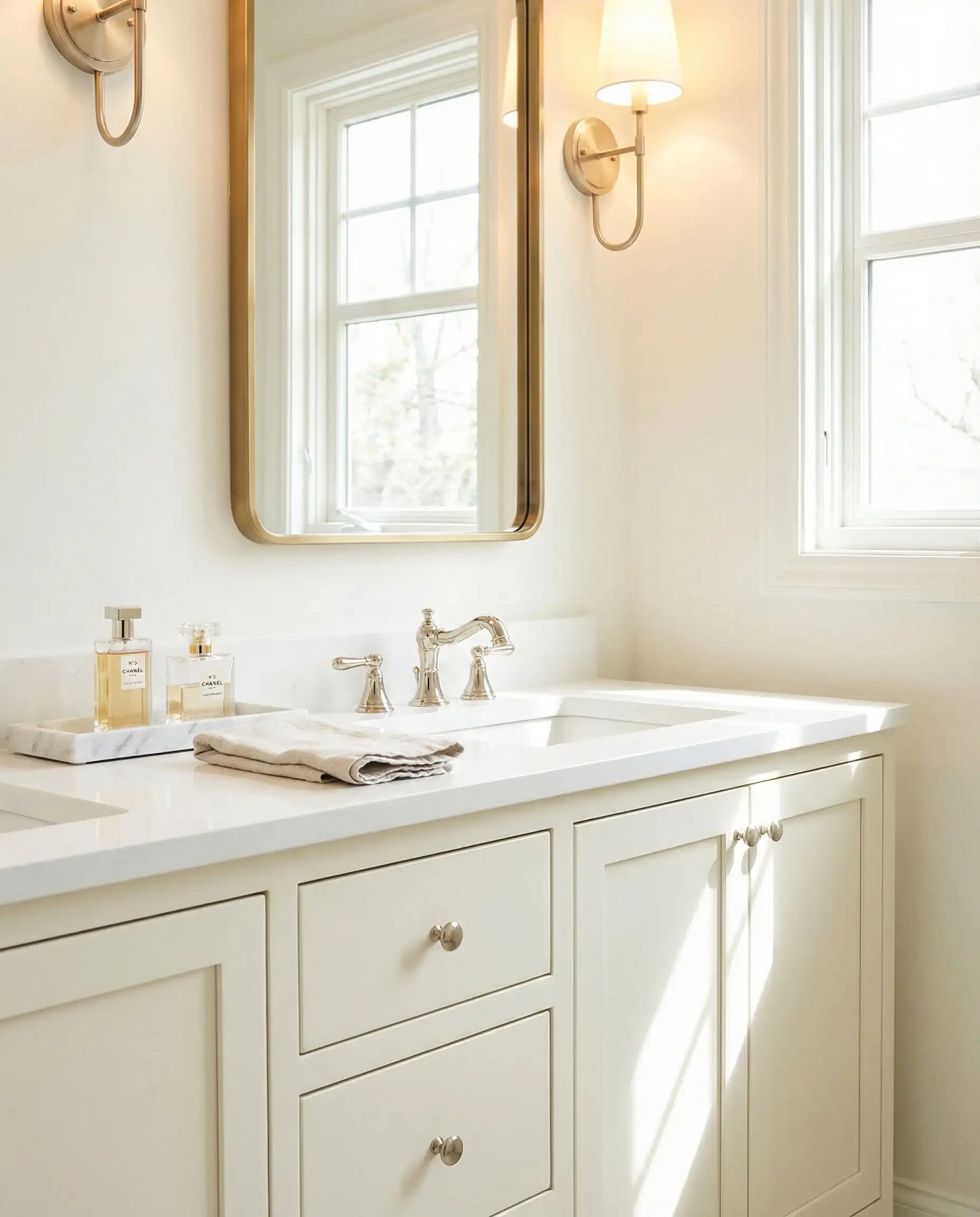 Clean bathroom vanity painted in Benjamin Moore White Dove with a quartz countertop.