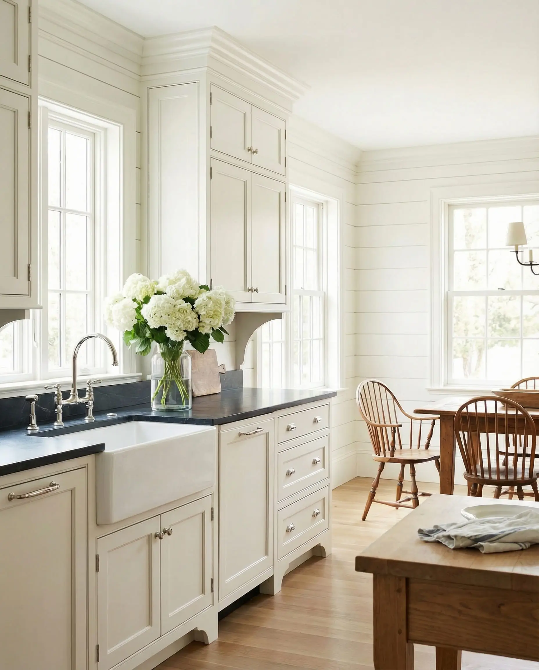 Timeless kitchen with cabinets and trim painted in Benjamin Moore White Dove OC-17.
