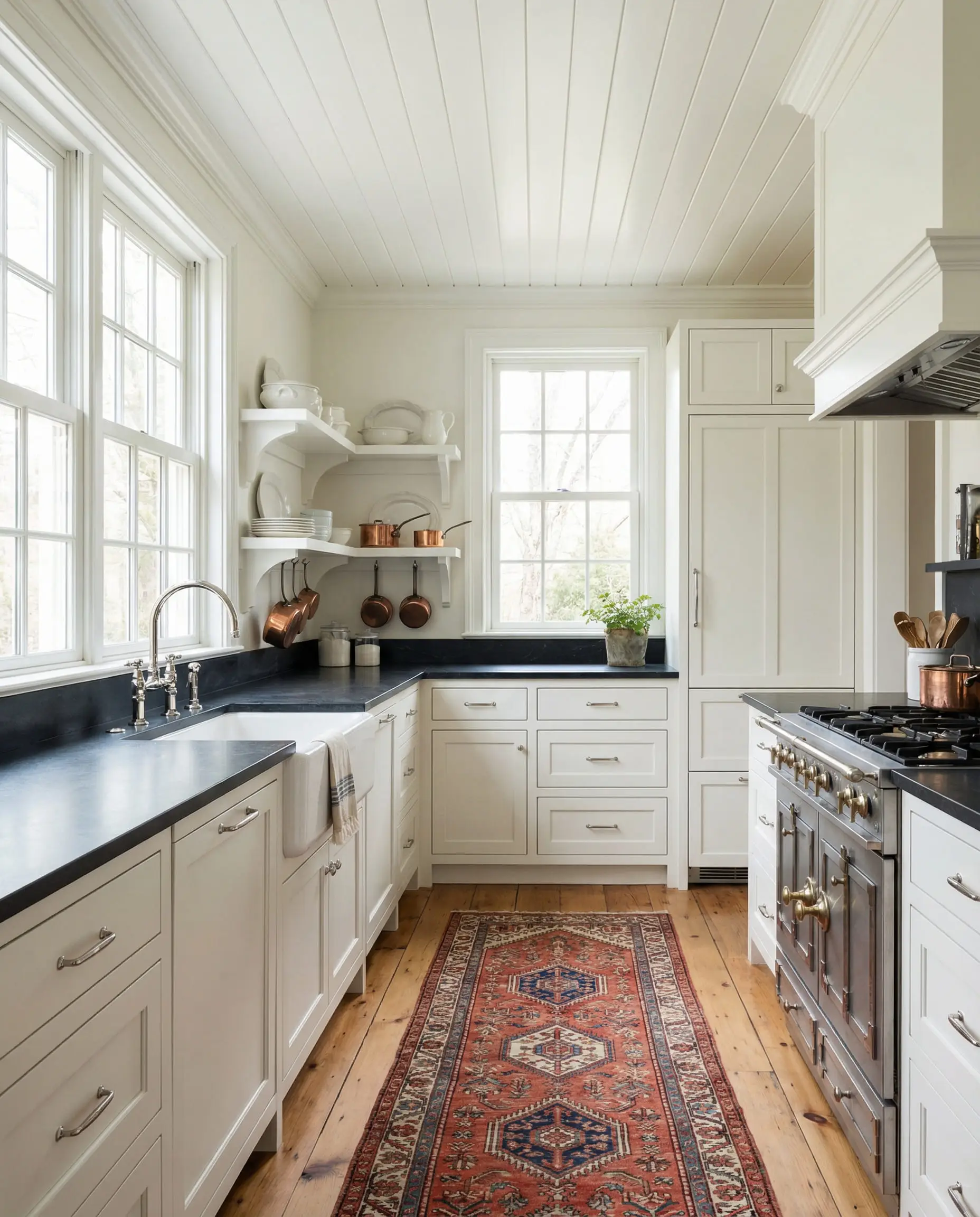 Timeless kitchen design with cabinets and walls painted in Benjamin Moore White Dove OC-17.