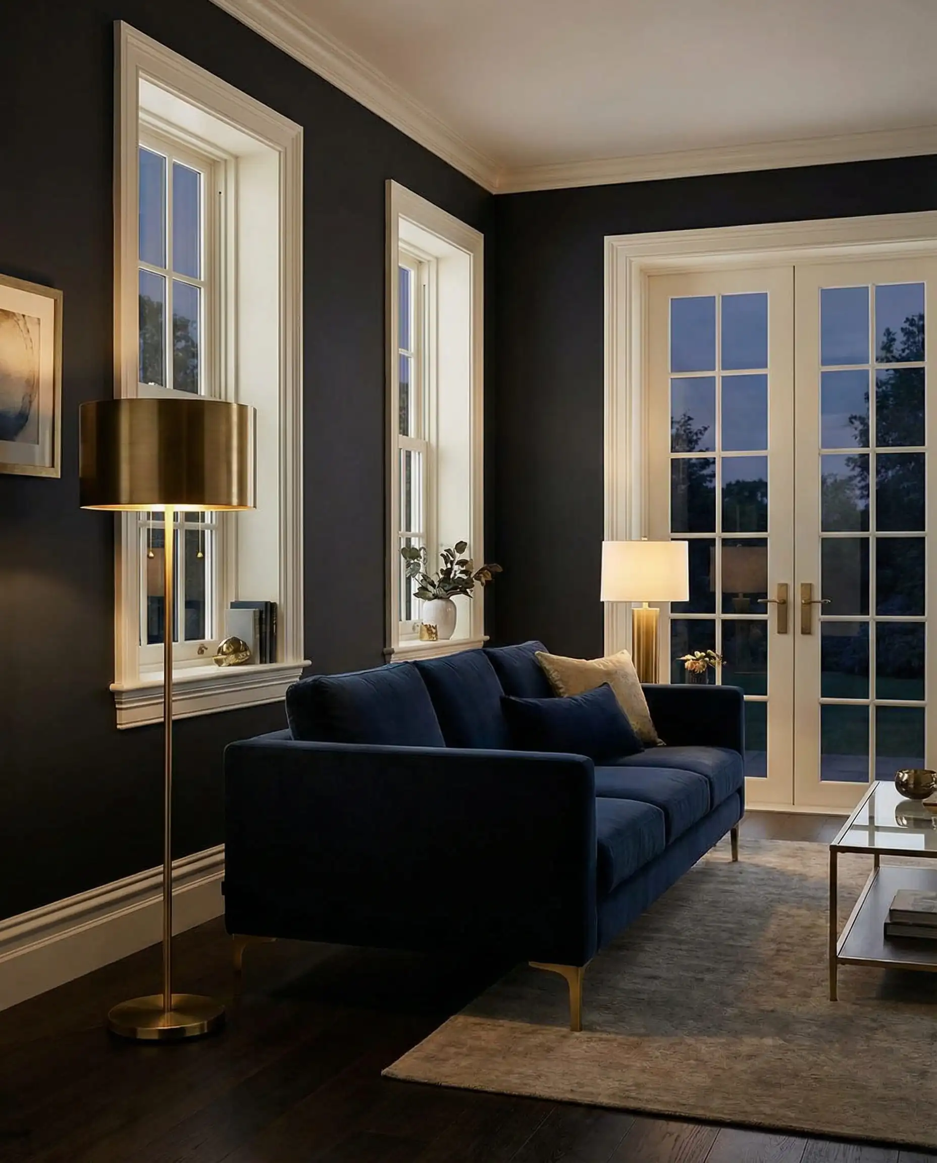 Moody living room with navy blue walls and chunky baseboards painted in Benjamin Moore White Dove.