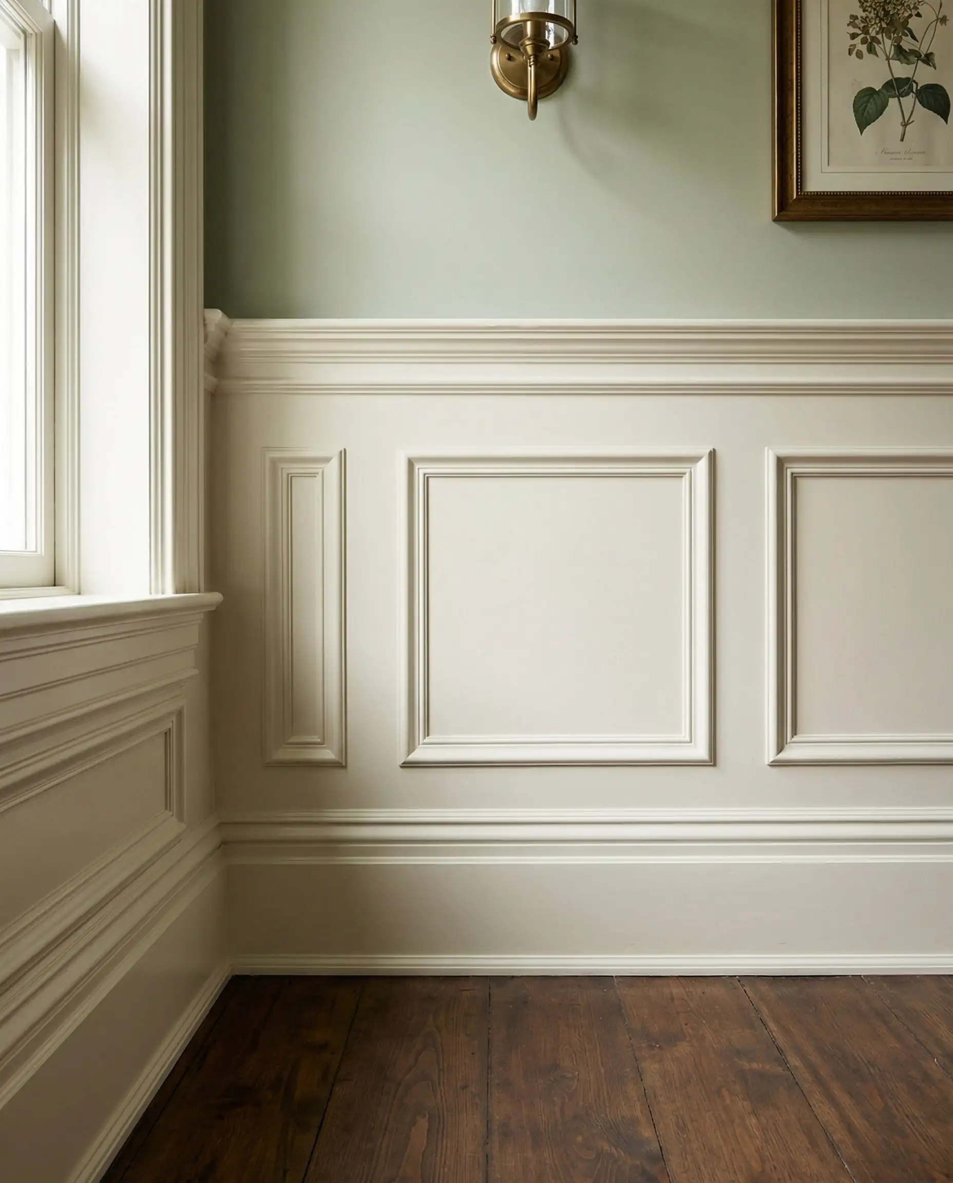 Intricate wainscoting and crown molding painted in Benjamin Moore White Dove semi-gloss.