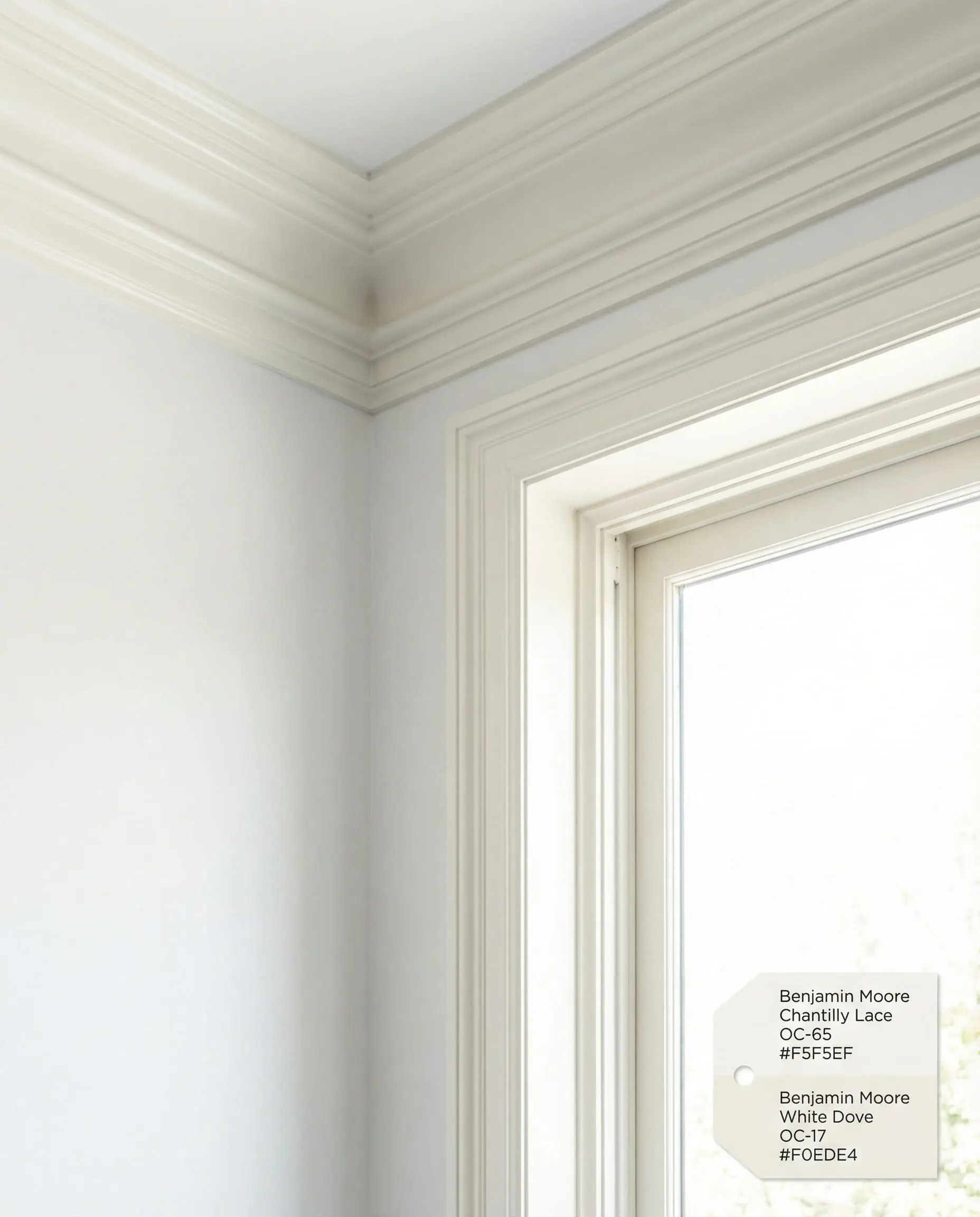 Close up architectural detail showing Benjamin Moore White Dove trim against Chantilly Lace walls.