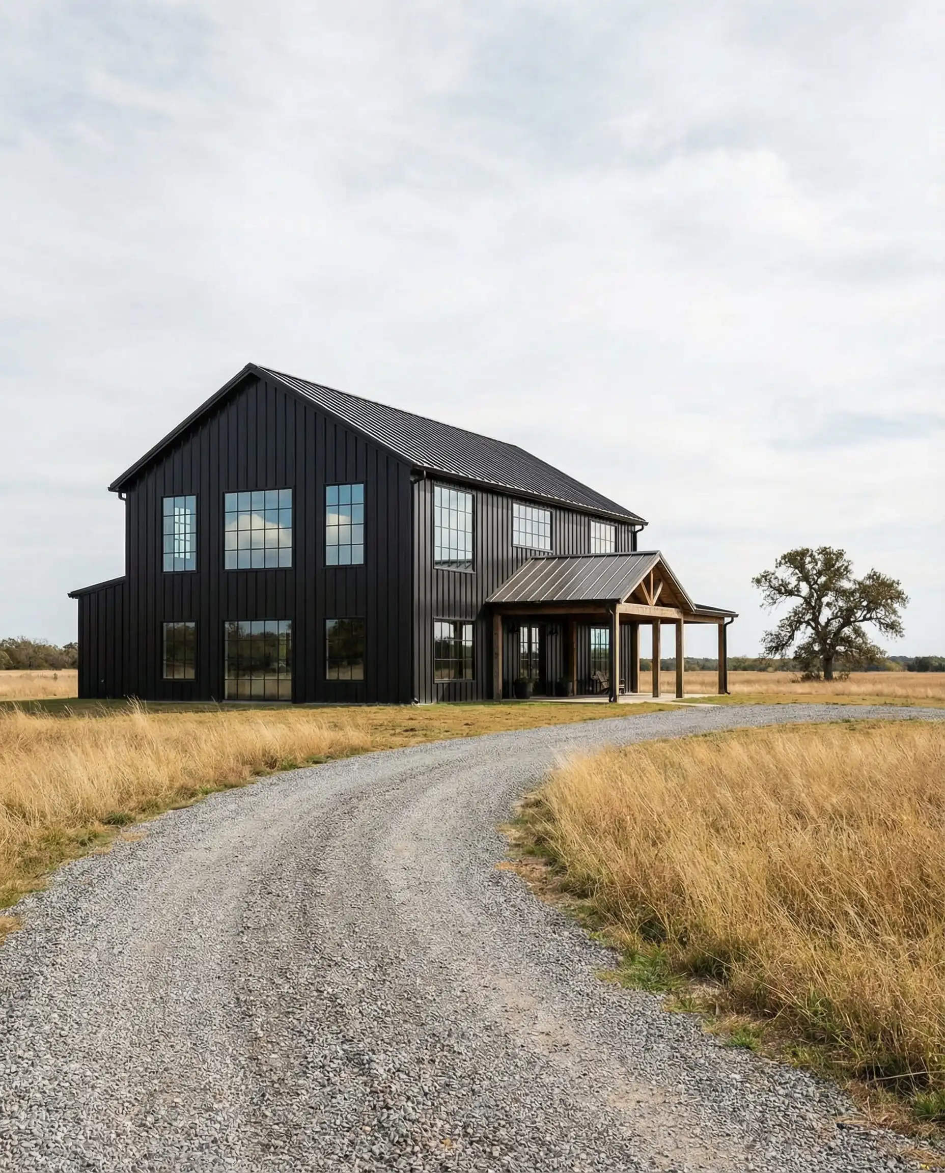 Luxury barndominium style home in a rural field featuring matte black vertical standing seam metal siding and industrial windows.
