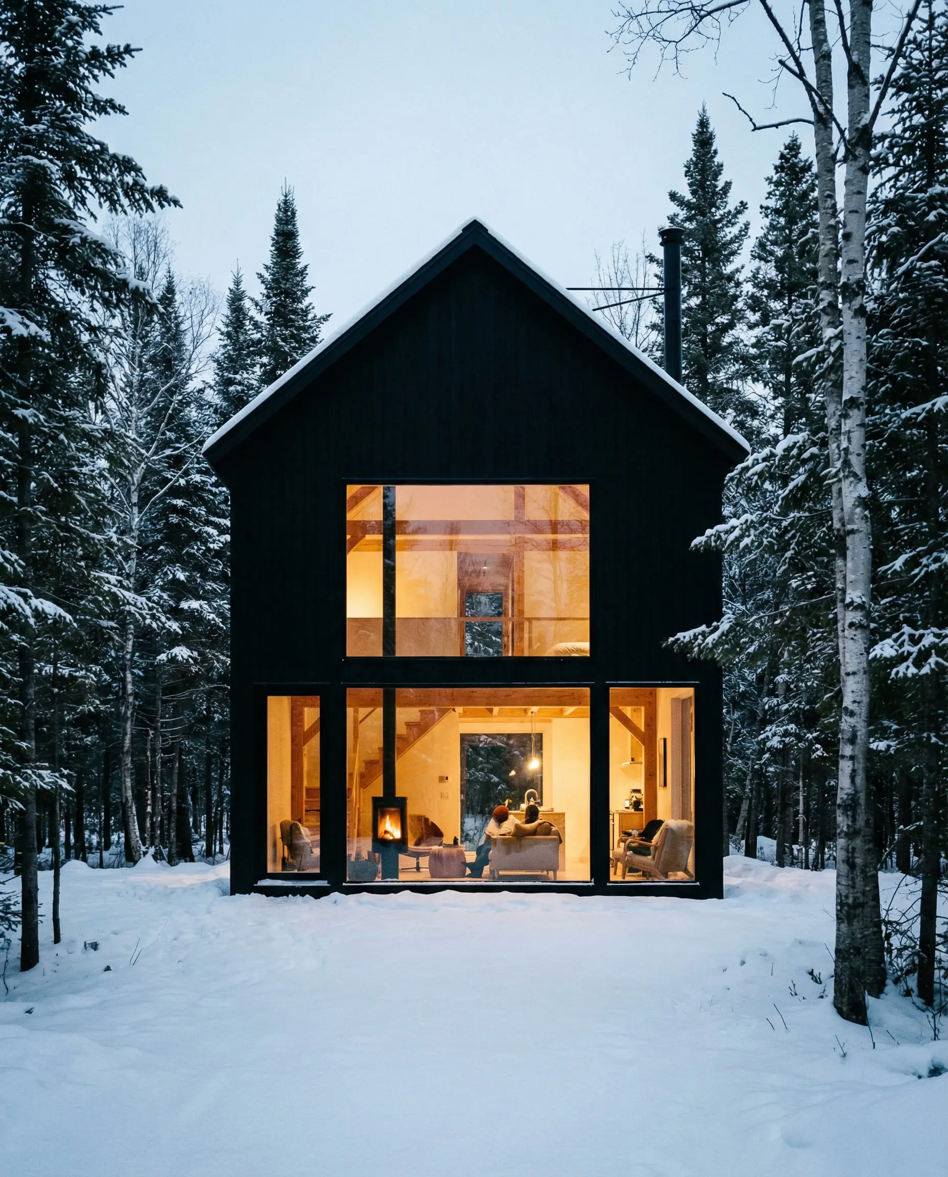 Minimalist A-frame Scandinavian cabin painted entirely matte black with glowing windows, set in a snowy forest at dusk.