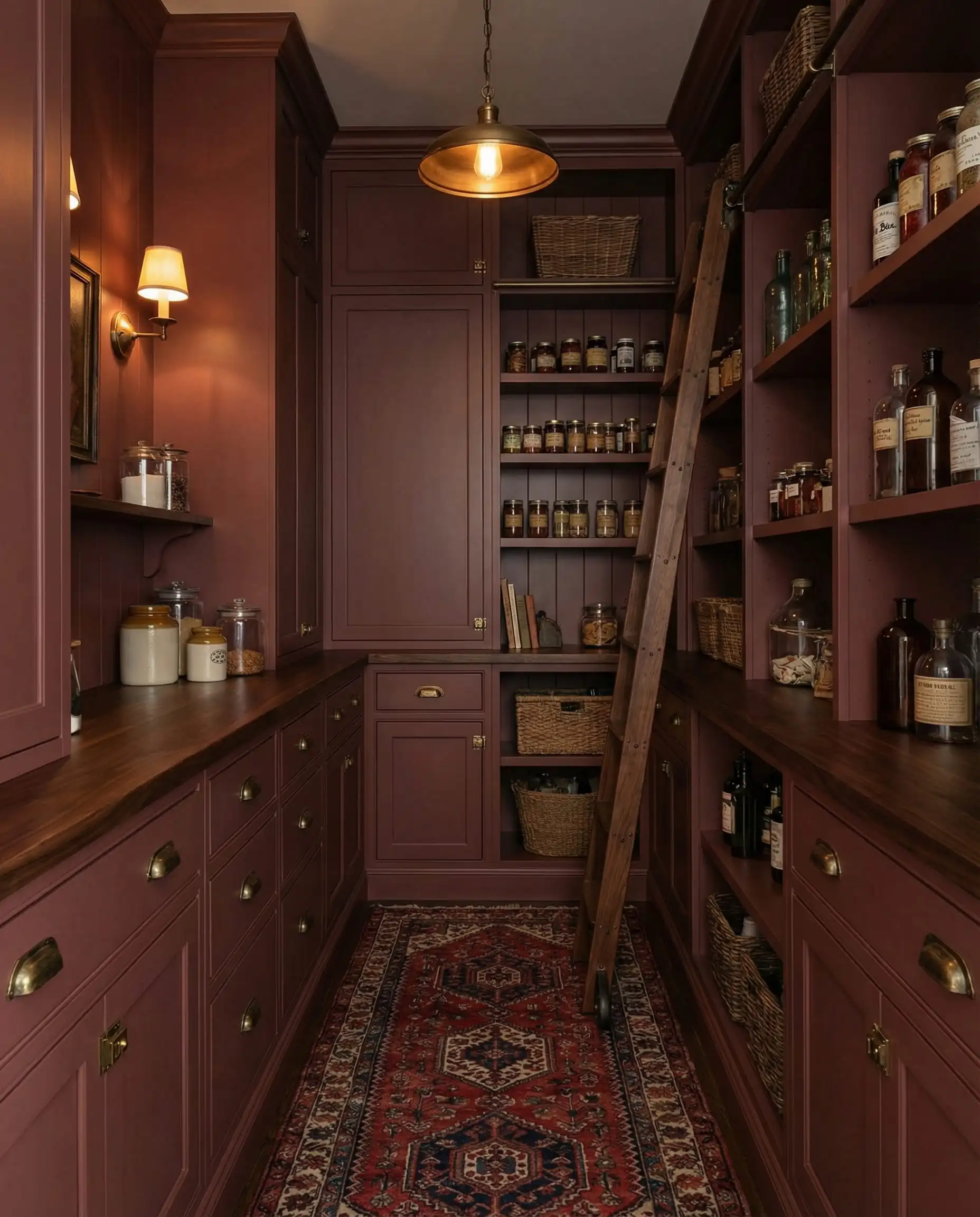 Dramatic walk-in pantry painted in deep earthy red Sherwin-Williams Carnelian SW 7571.