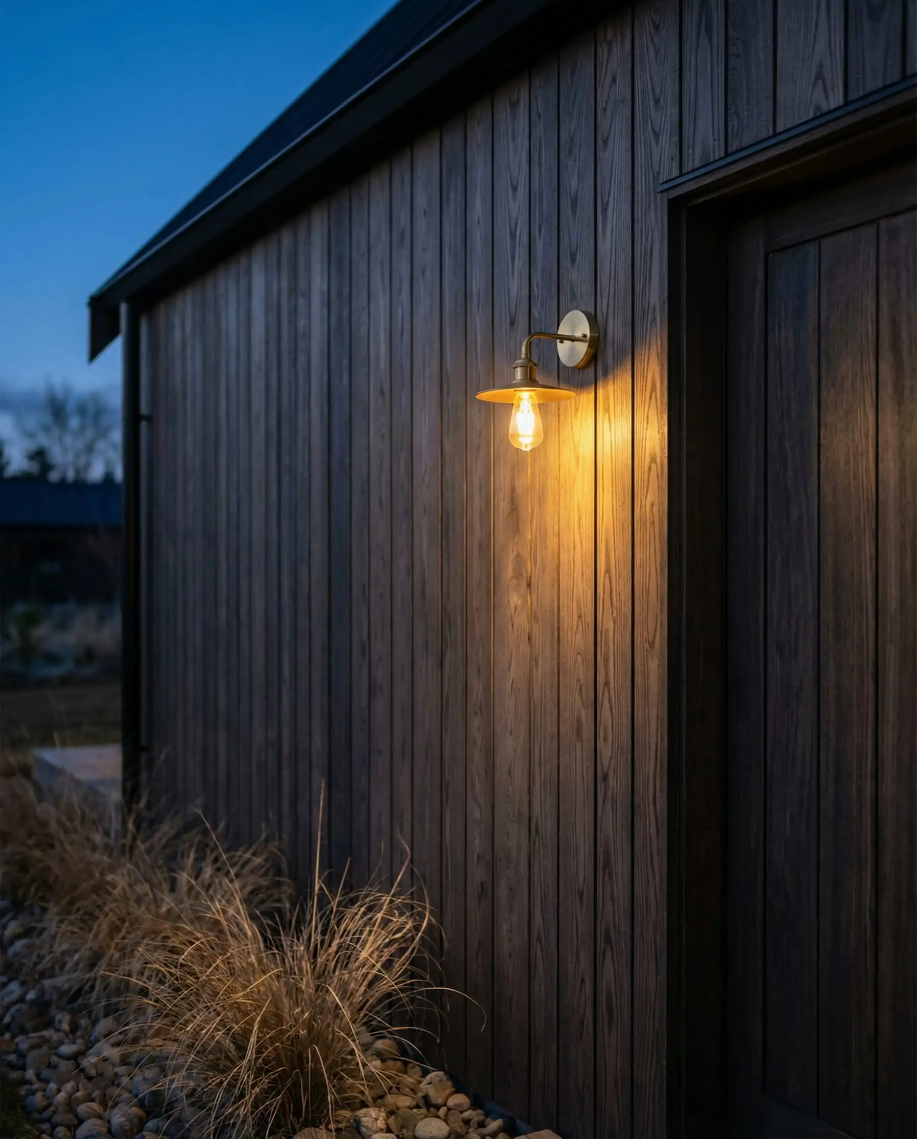 Vertical ash wood siding stained in a soft charcoal iron ore color on a Scandinavian cabin, illuminated by a warm brass sconce at twilight.