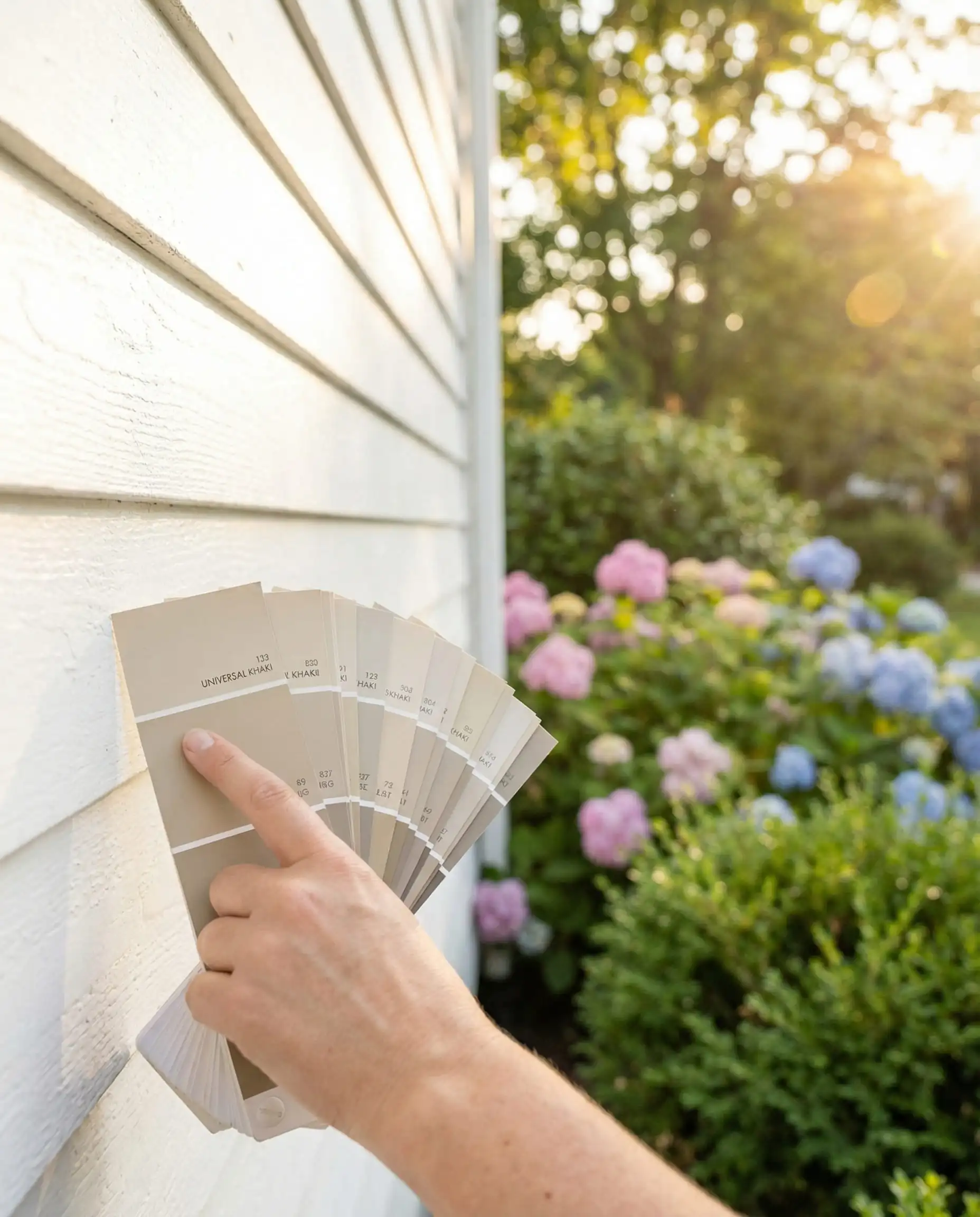 Lifestyle POV shot of homeowner holding paint fan deck against a white exterior wall.