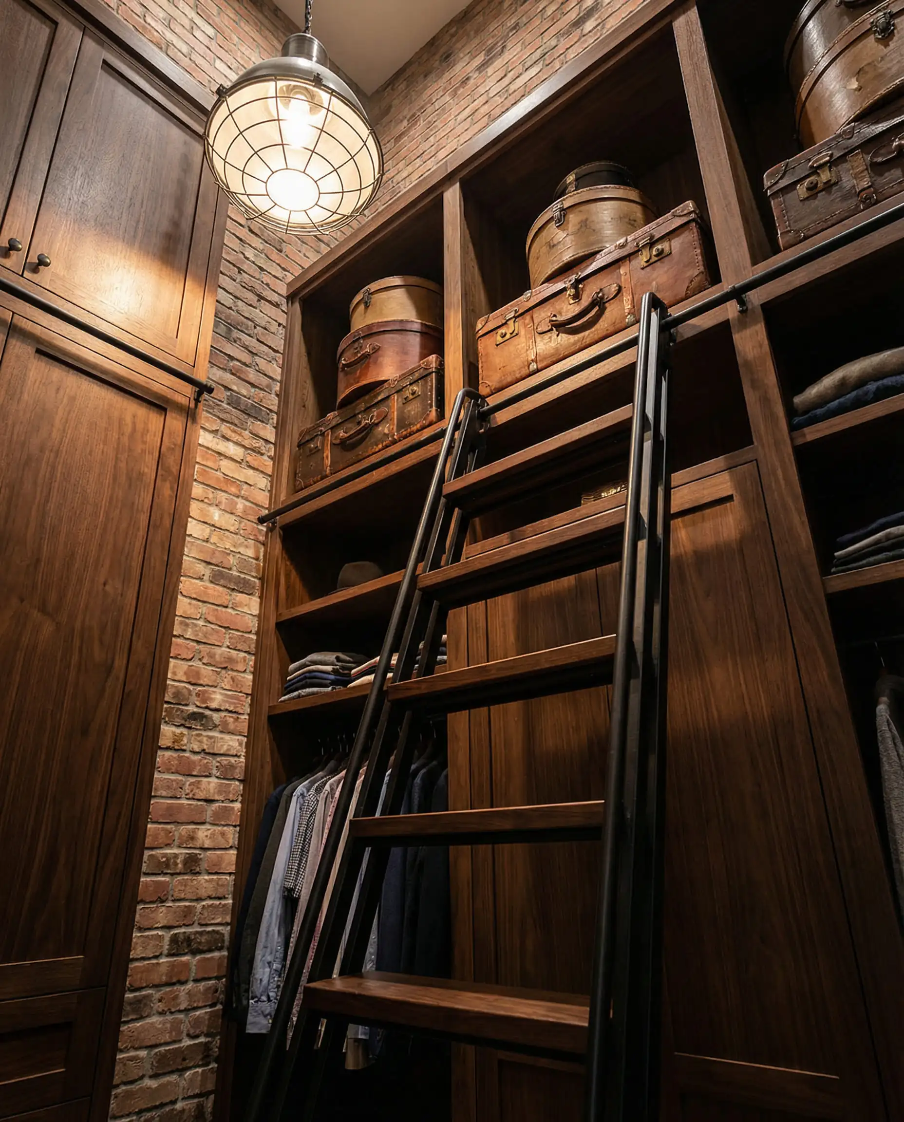 Tall walk-in closet with a rolling black library ladder accessing upper storage shelves near the ceiling.
