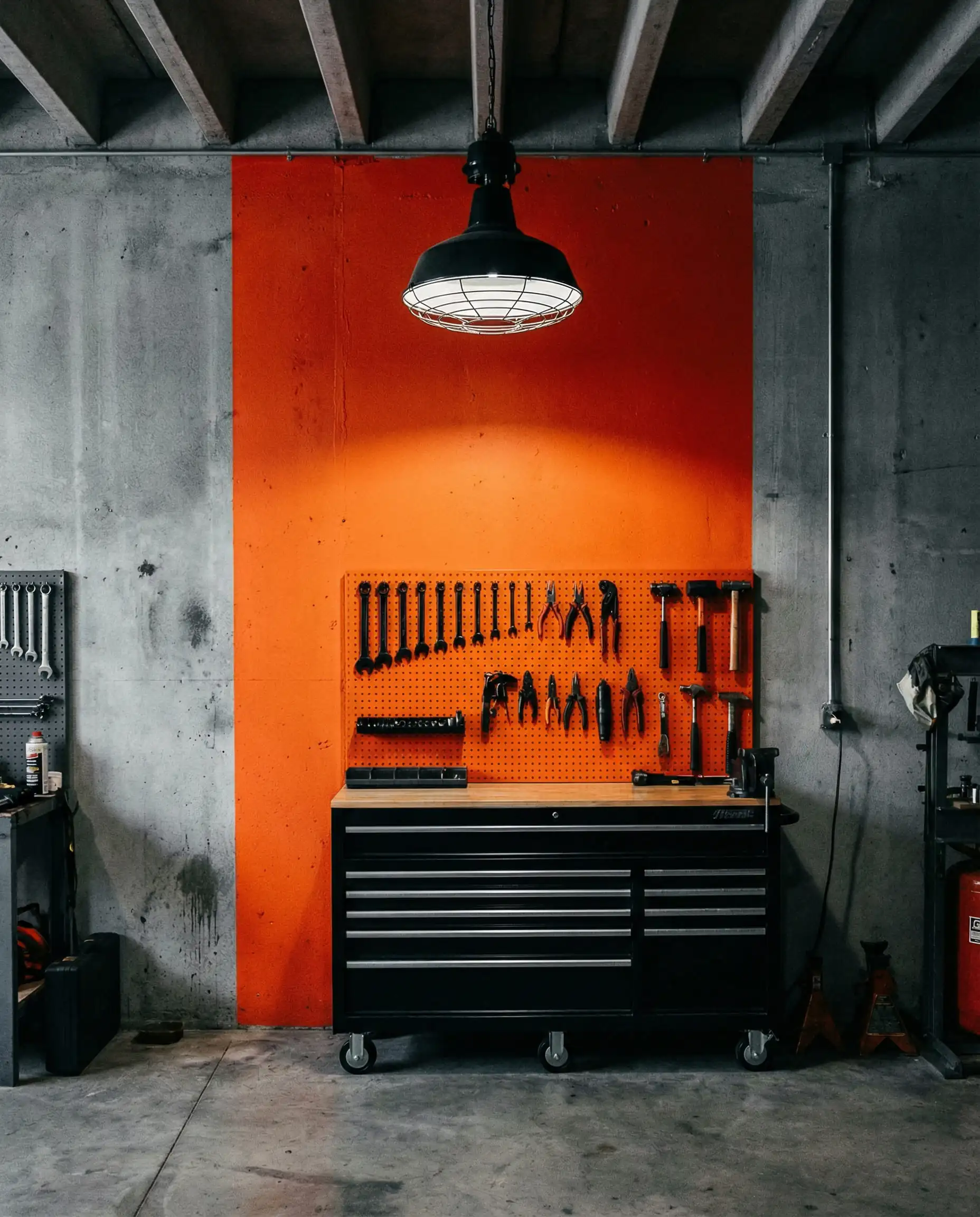Industrial garage workshop featuring a bold red rectangular color block painted on a grey wall behind a black tool chest.