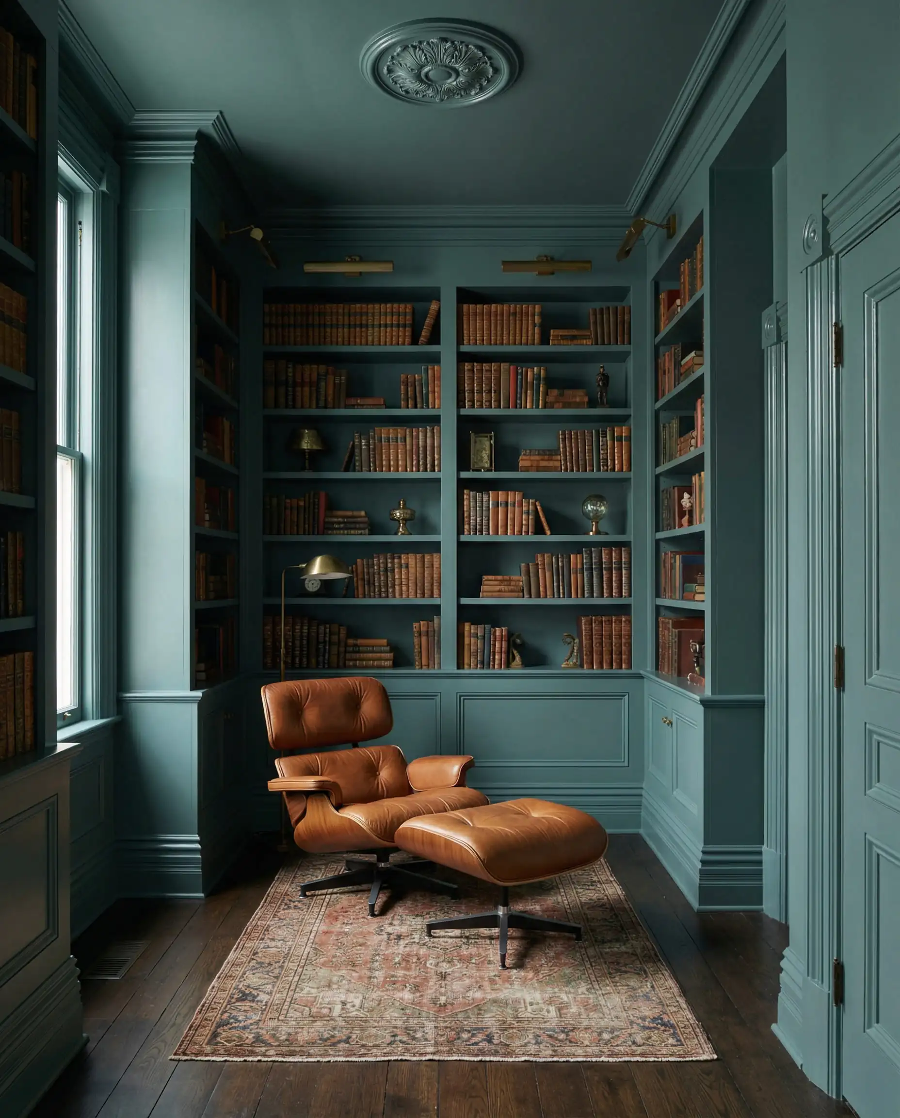 Home office library with walls, bookshelves, and trim all painted in Behr Hidden Gem dark green for a color drenching effect.