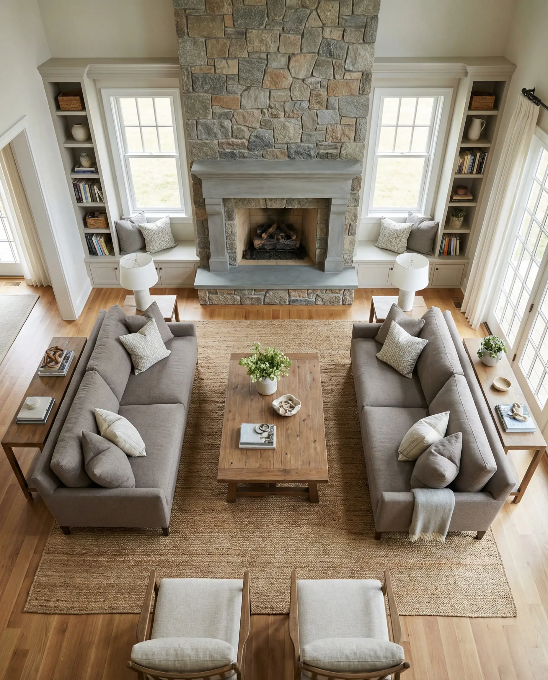 H-shaped furniture layout with two sofas facing each other.