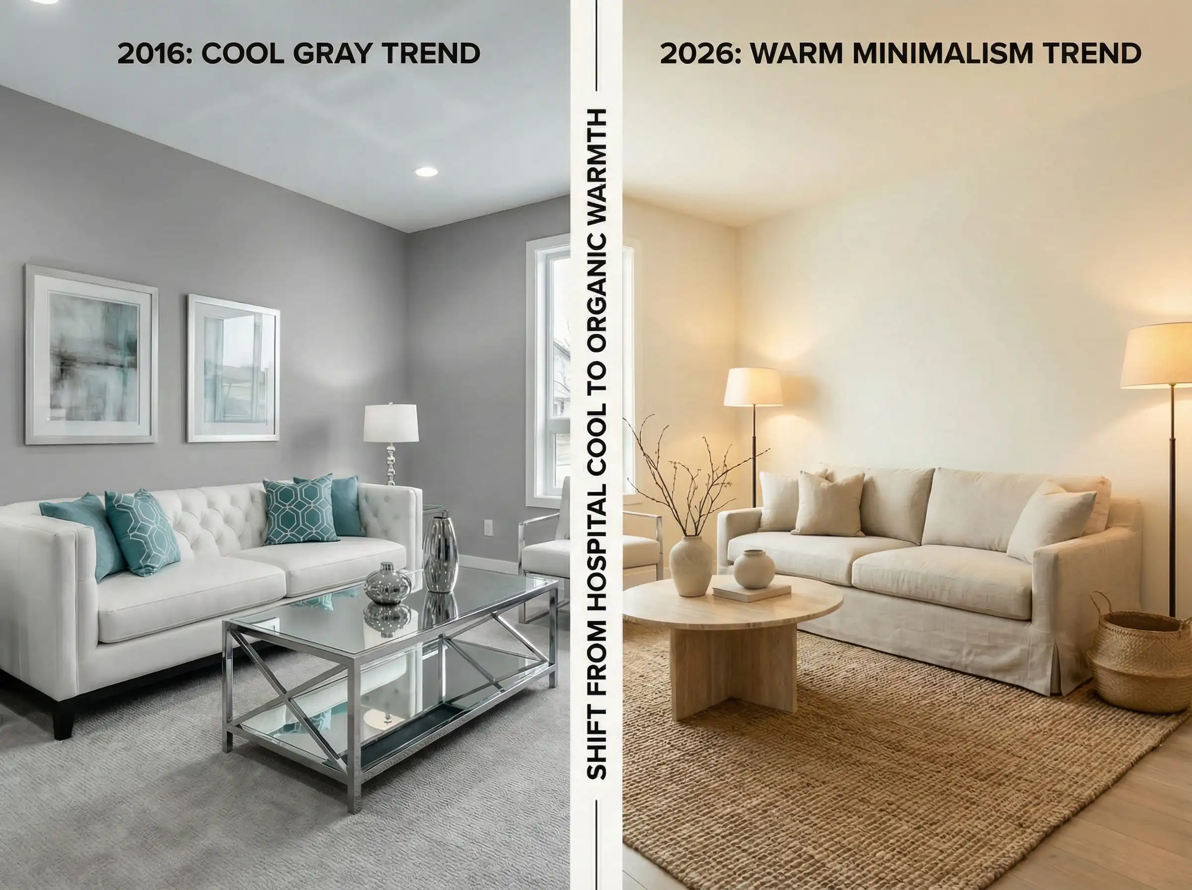 Split screen comparison showing a stark cool gray room versus a warm living room painted in Benjamin Moore Swiss Coffee.