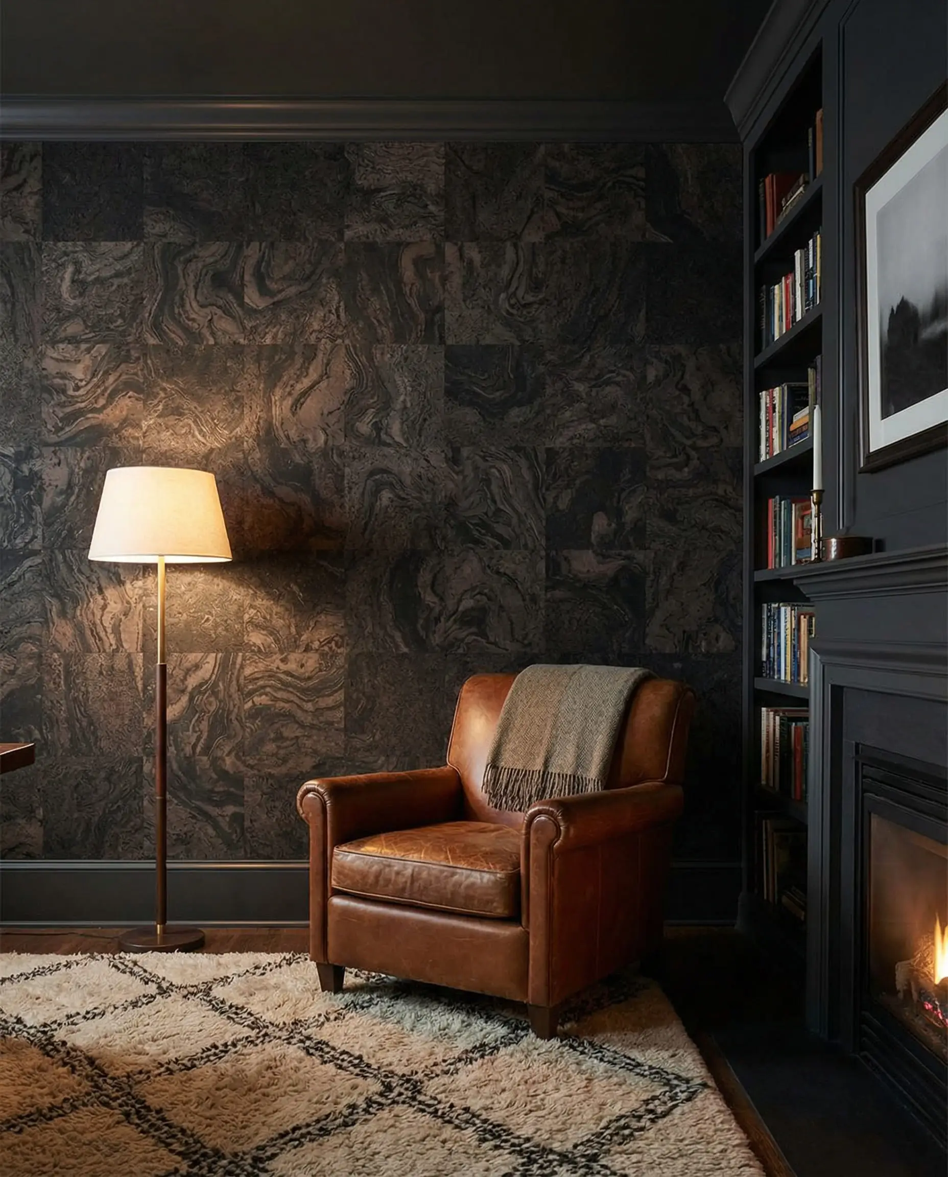 Dark smoked cork wall tiles in a cozy den setting.