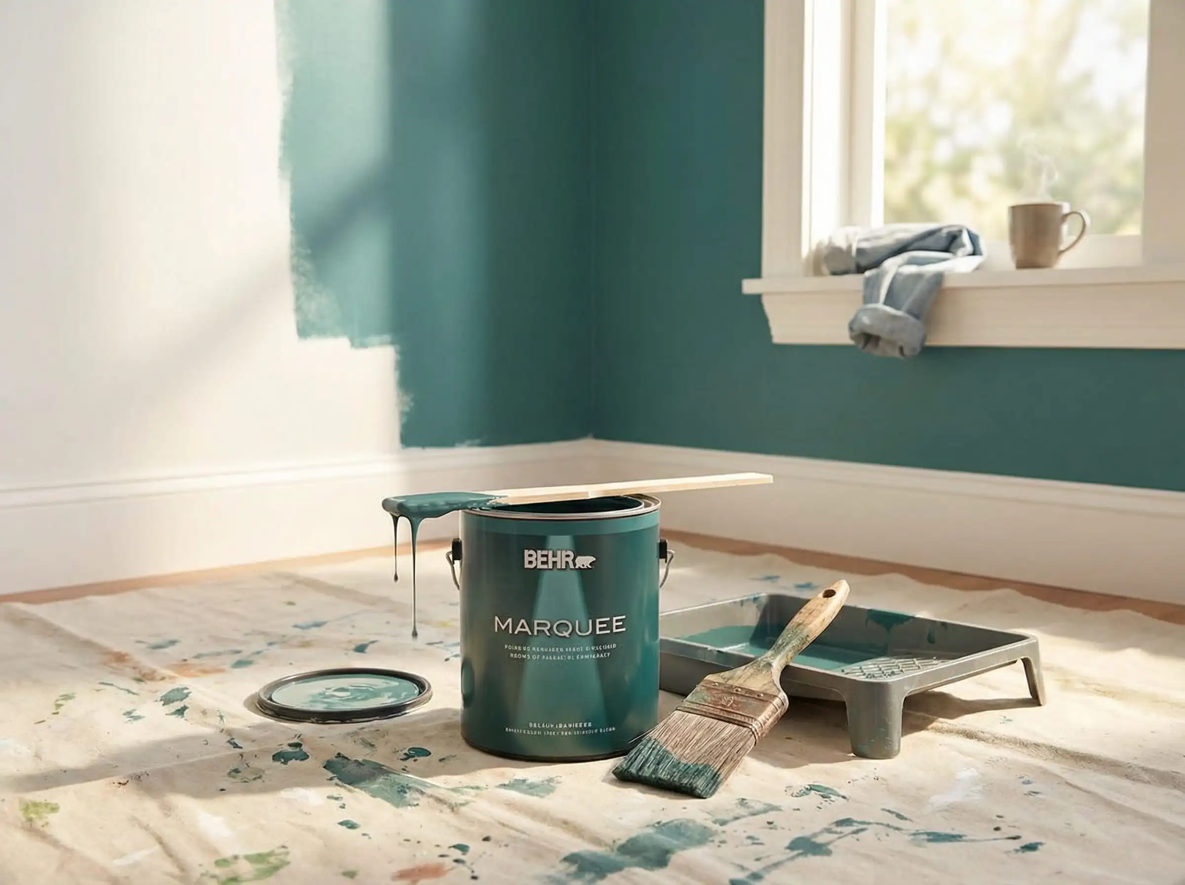 Open can of Behr Hidden Gem paint with brush and roller tray in a sunlit room.