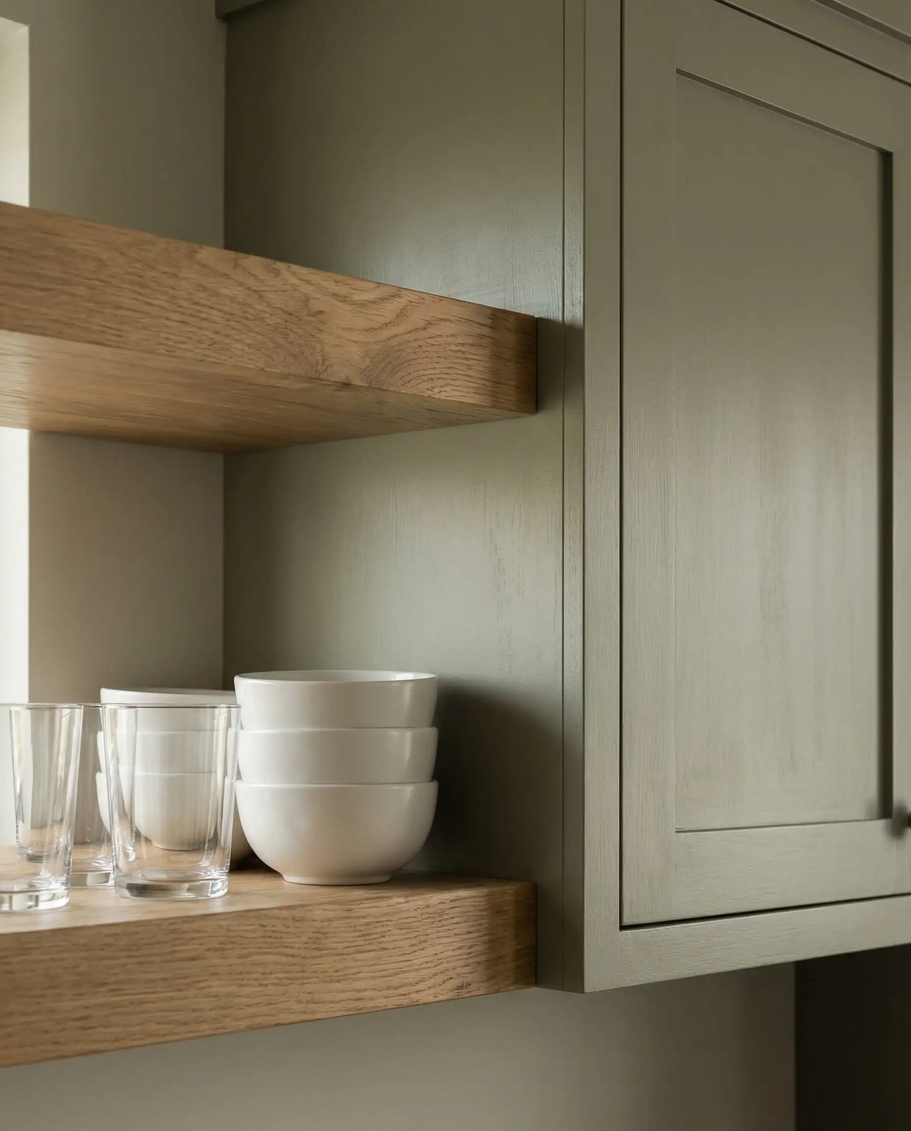 Detail of Sherwin-Williams Evergreen Fog upper cabinets paired with floating white oak shelves.