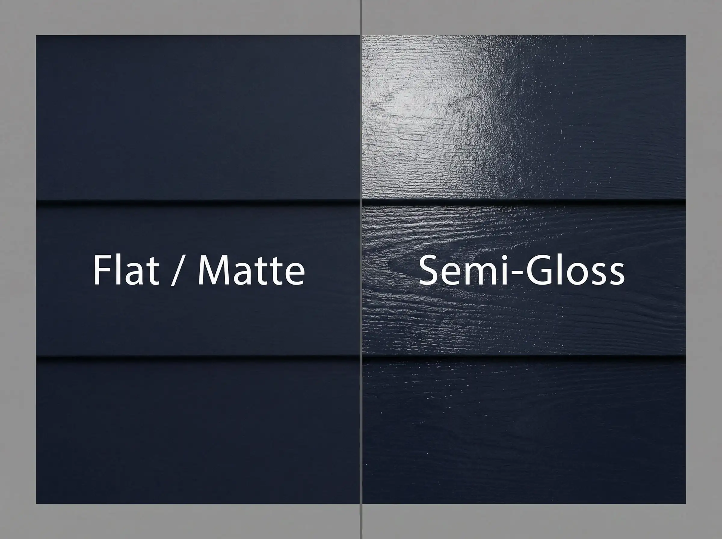 Split screen comparison of dark blue exterior siding showing Flat/Matte finish on the left and Semi-Gloss finish on the right.