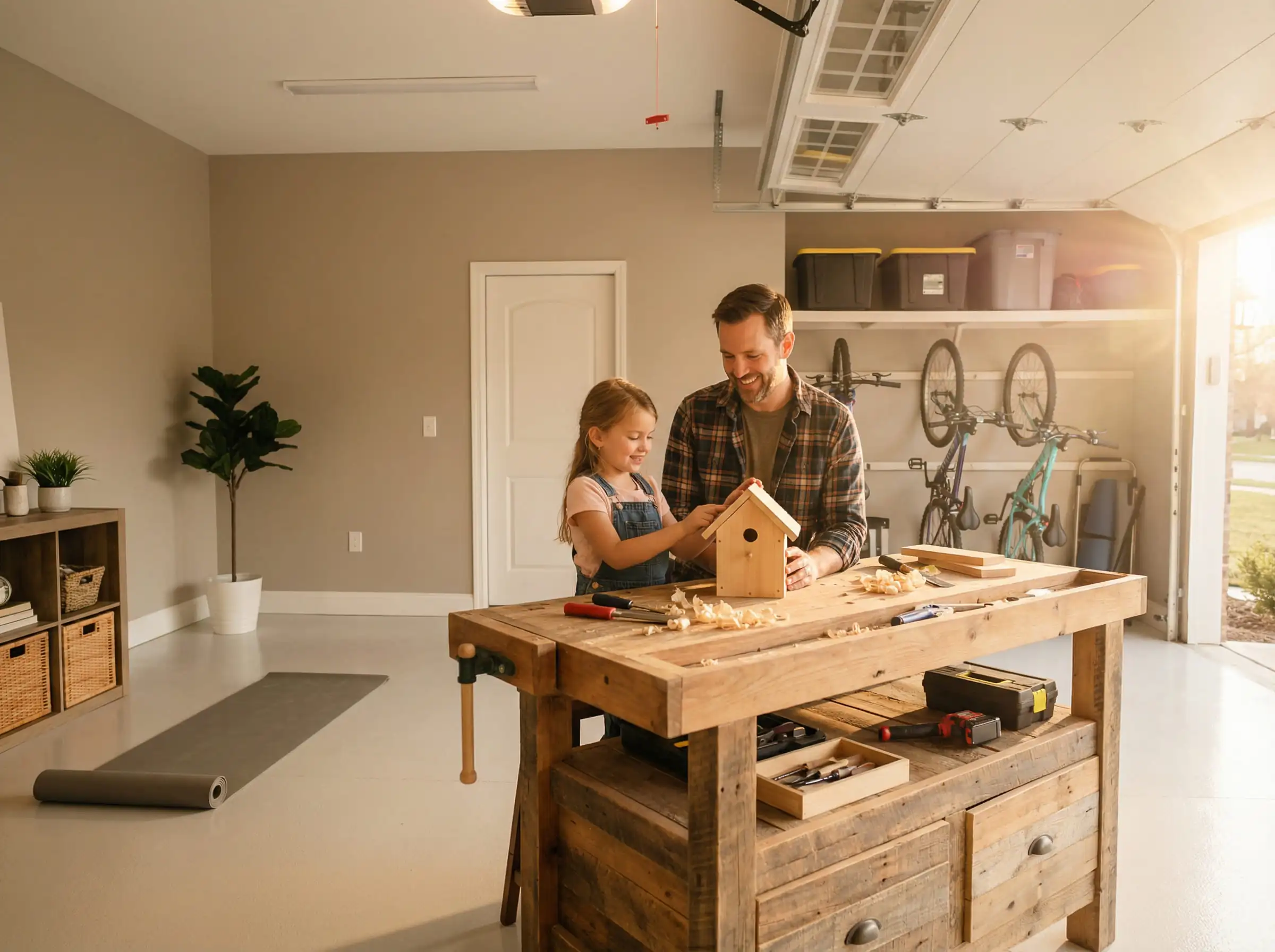 Father and daughter working on a project in a bright, finished garage with warm greige walls.
