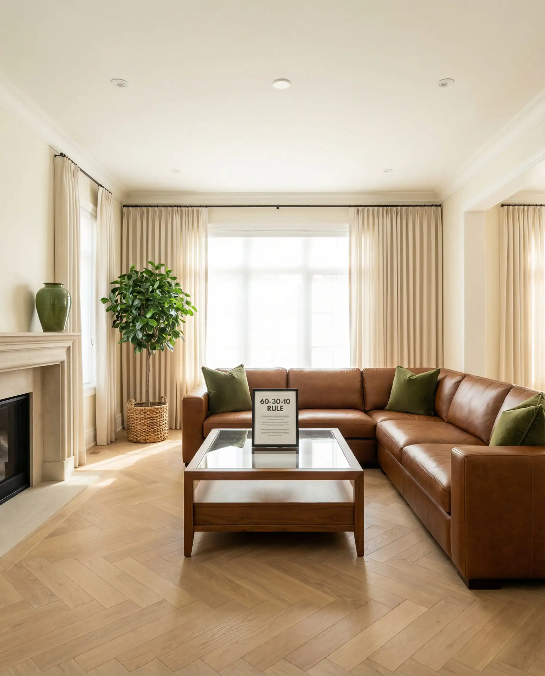 Modern family room demonstrating the 60-30-10 color rule with oatmilk walls, brown sofa, and green accents.
