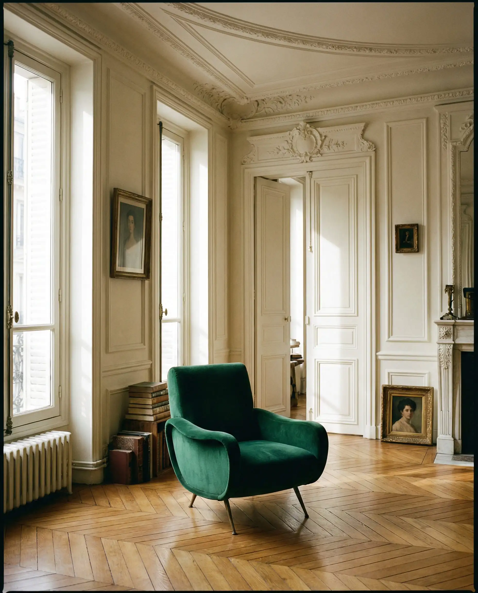 Historic Parisian apartment corner with ornate moldings painted in Farrow & Ball Wimborne White.