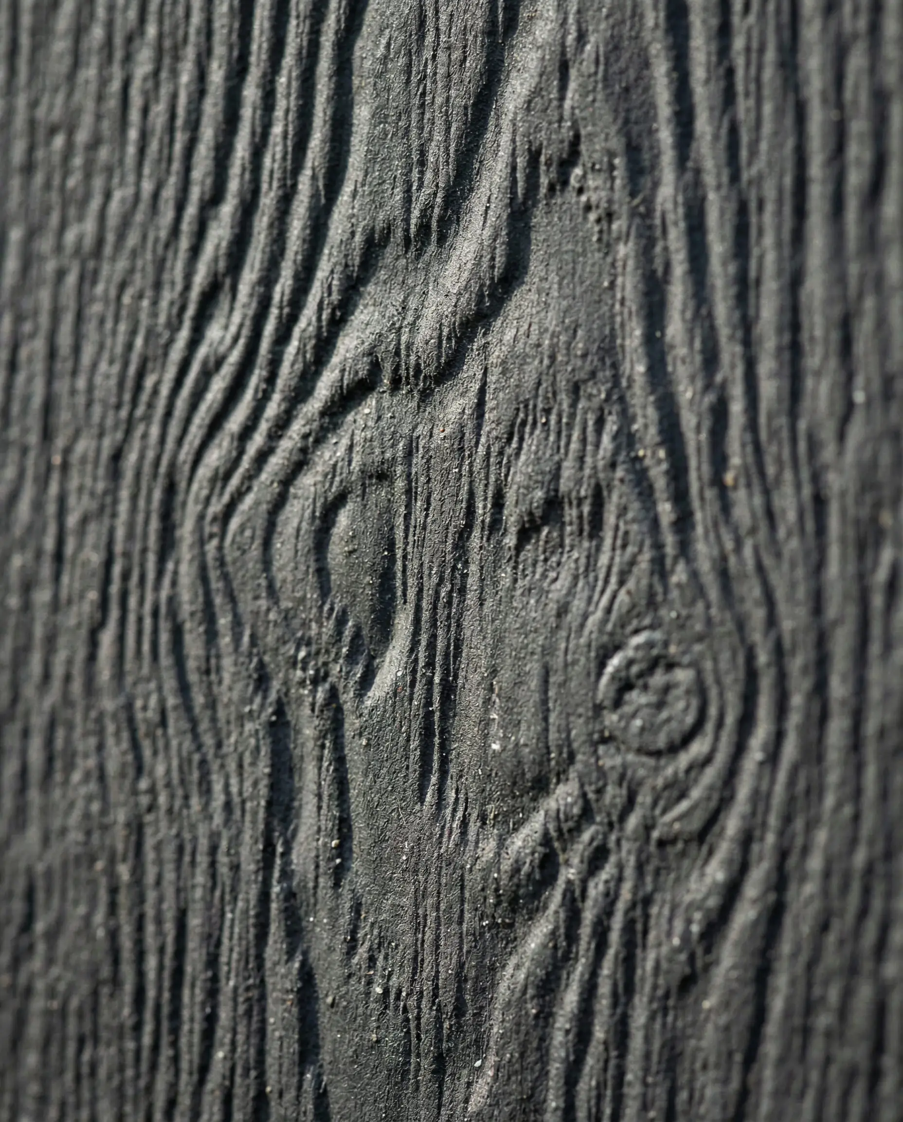Extreme close-up of charcoal painted fiber cement siding revealing the realistic embossed wood grain texture and knots.