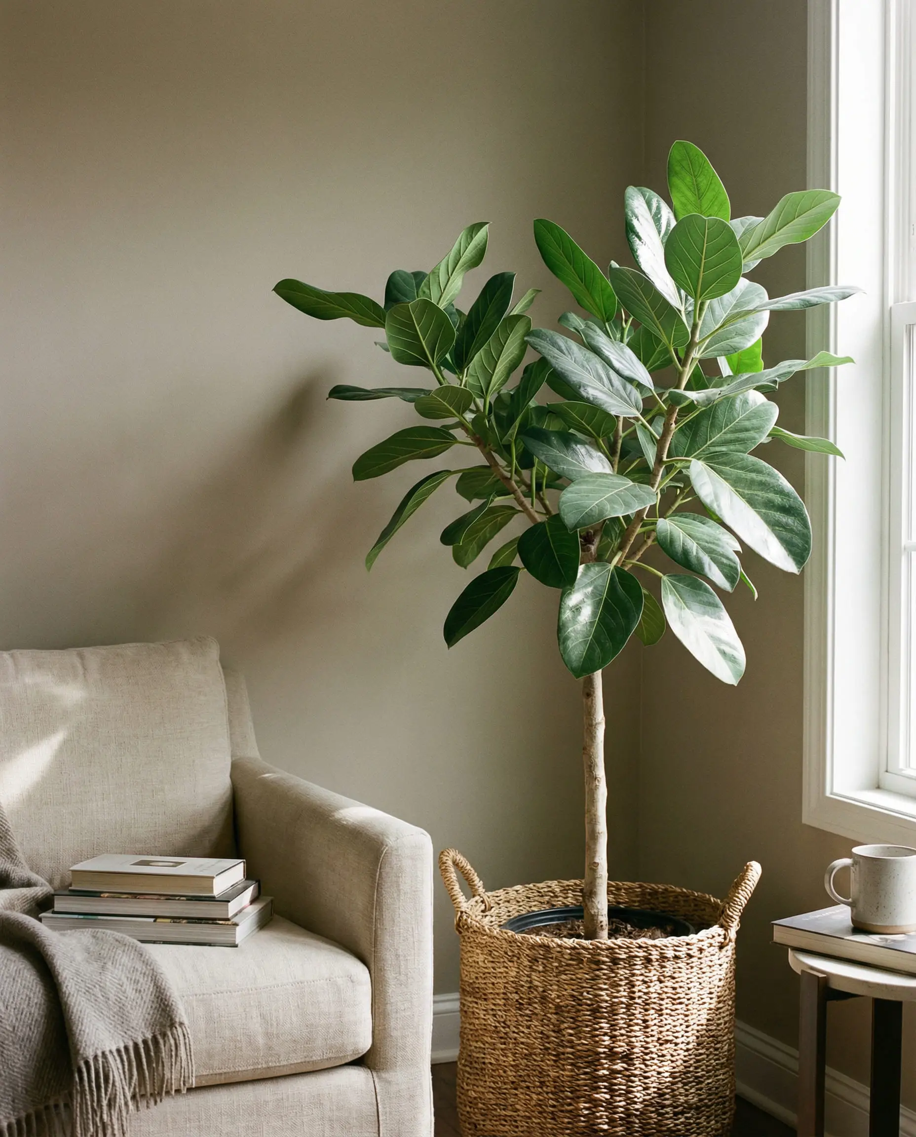 Ficus Audrey tree in a woven basket next to a reading chair.
