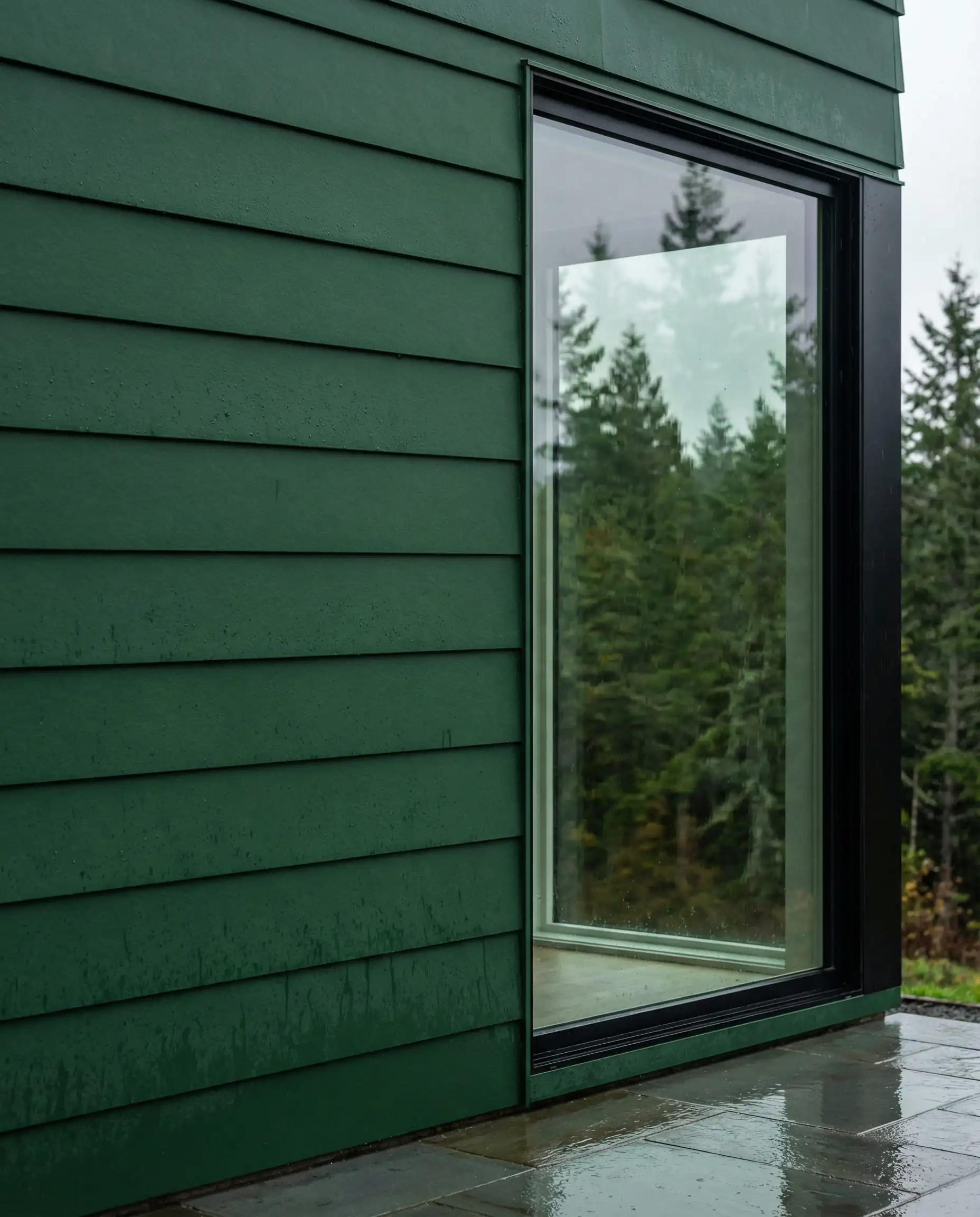 Close-up of matte forest green fiber cement lap siding contrasted against a sleek black modern window frame with rain-screen cladding details.